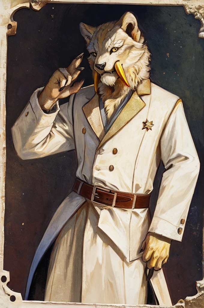 A Barioth as a German official posing for a portrait, white-yellow uniform, handpaws, clawed fingers, 1900s photograph, long coat, golden outlining, padded fingers, golden-white belt, long fangs,