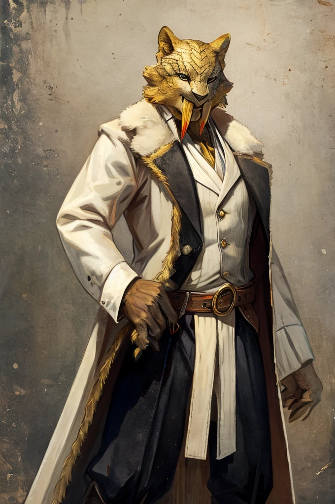 A Barioth as a German official posing for a portrait, white-yellow uniform, handpaws, clawed fingers, 1900s photograph, long coat, golden outlining, padded fingers, golden-white belt, long fangs,