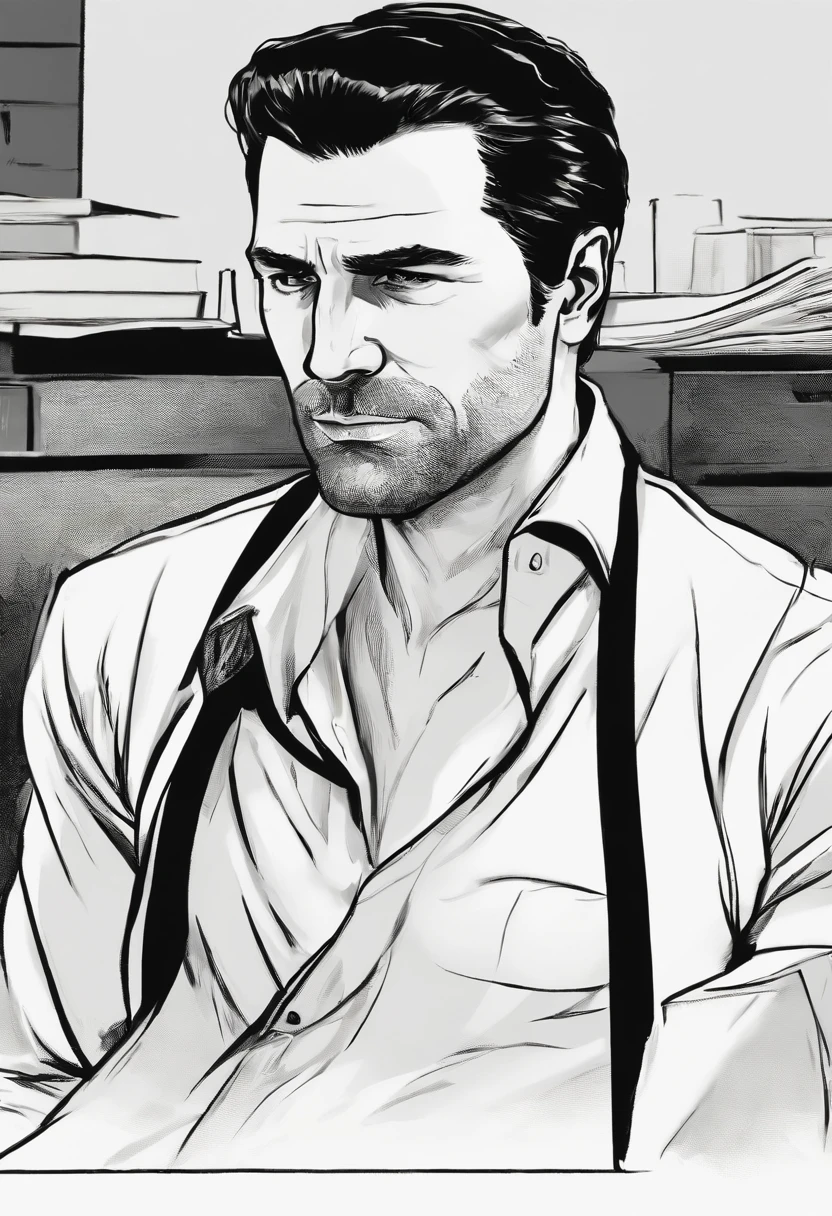 A photo of Max Payne sitting at a dimly lit desk, with his head in his hands and a stack of case files in front of him.,Max Payne 3,Max's appearance can be described as follows:
Max Payne is a middle-aged man with a rugged and weathered appearance. He has a strong and muscular build, reflecting his background as a former police officer and skilled marksman. Max stands at an average height and has a slightly hunched posture, which adds to his weary and worn-out demeanor.
His most notable feature is his dark, unkempt hair, which is usually styled in a messy manner. Max has short hair that is mostly black, with a slight hint of gray, suggesting the toll that his experiences have taken on him. He often has a five o'clock shadow, further reinforcing his gritty and tired look.
Max's face bears the scars of his troubled life. He has a strong jawline and deep-set, piercing blue eyes that reflect a mix of determination and sorrow. His eyes often appear bloodshot, hinting at his sleepless nights and constant battles with inner demons. Max has prominent cheekbones, which lend a sharpness to his features, and his facial expression is often grim or pained.
He typically dresses in a dark and practical manner, reflecting his no-nonsense approach to life. Max is often seen wearing a black leather jacket, which has become an iconic part of his attire. Underneath the jacket, he usually wears a plain dark-colored shirt or a white undershirt. He pairs this with dark trousers and sturdy black boots, suitable for the intense action and combat he encounters.
Max Payne's overall appearance exudes a sense of world-weariness and a touch of noir. His disheveled hair, tired eyes, and rugged attire reflect the turbulence he has experienced and the dark path he walks in his relentless pursuit of justice and redemption.
Max Payne has a distinctive facial structure with pronounced cheekbones and a strong jawline. His face often appears tense and serious, with a deep furrow between his eyebrows. The lines around his eyes and mouth show the traces of sorrow, pain, and stress that have marked his life.
His eyes are characterized by an intense ice-blue color, creating a striking contrast against his dark hair. His gaze is usually serious and determined, but also tinged with sadness and melancholy. His piercing stare conveys a sense of intensity and resolution.
Max often wears a distinctive expression marked by anger and rage. His jaw is often clenched, and his lips are often pressed into a thin line, reflecting his determination and suffering.
Regarding his clothing, Max Payne's style is practical and functional. He typically wears dark, worn-out attire that allows him freedom of movement and suits his dark character. Along with his iconic black leather jacket, he often wears a plaid shirt or a plain t-shirt underneath. His pants are usually dark or black, emphasizing the somber tone of his story. He completes his look with sturdy black boots, conveying both stability and a rugged edge.
Max Payne's overall appearance is characterized by a blend of strength and vulnerability. His tired and weathered look reflects the heavy emotional burdens he carries, while his determined countenance and piercing gaze demonstrate his persistence and desire for revenge and justice., male