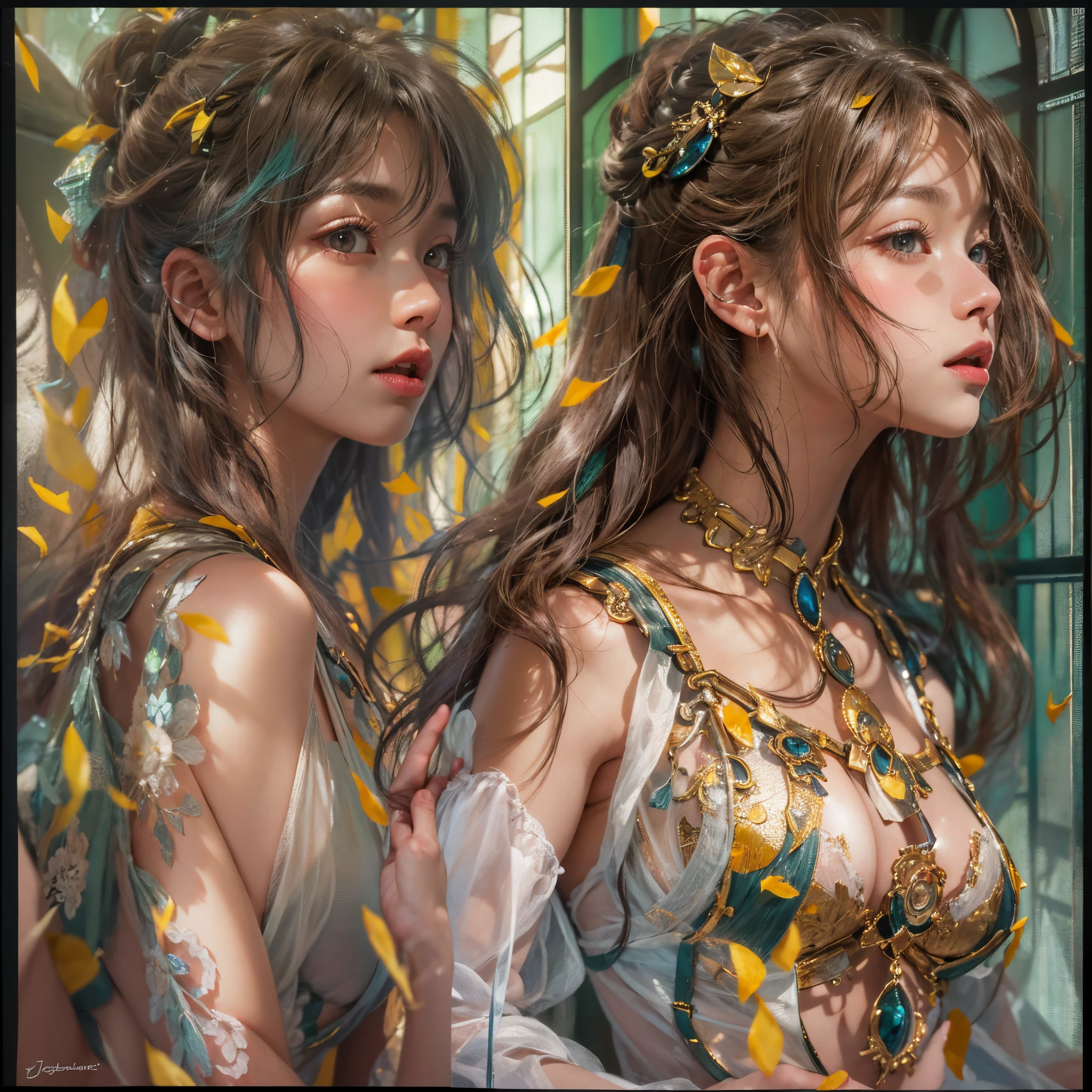 ( Masterpiece:1.25, exposed:1.2, White and vivid colors, navel),  (sexy junior idol), ((face variations)), portrayed in the best quality and high resolution. The image should be ultra-detailed, realistic, and photorealistic with a touch of rawness. back lighting, colorful Light shines through delicate stained glass. The medium can be a combination of photography and concept art. The color tone should be vibrant and vivid, enhancing the overall visual impact. (Whole Body proportions and all limbs are anatomically accurate), (nipple:-0.9) .