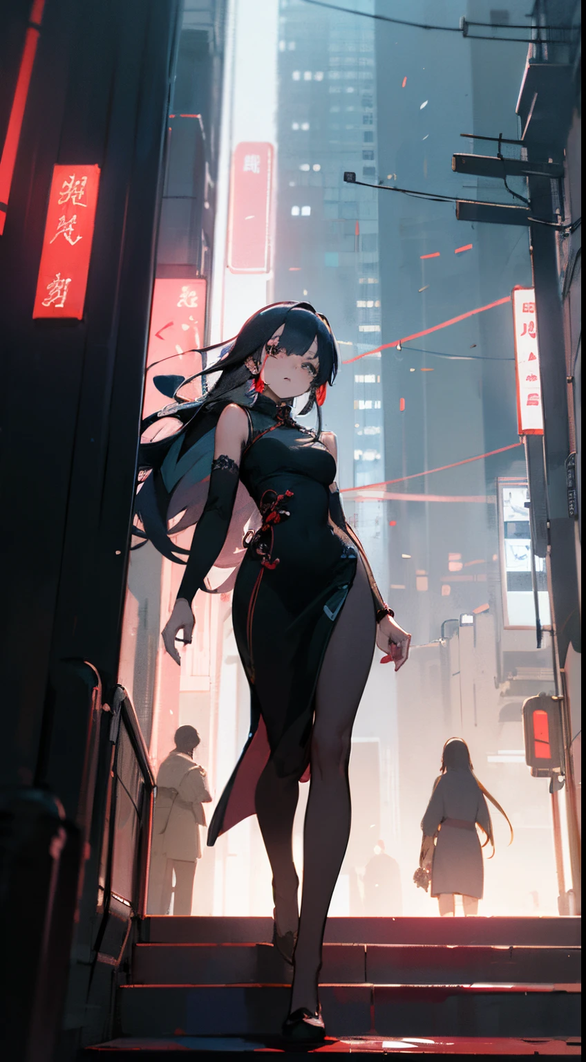 Amidst the bustling streets of a neon-lit cyberpunk metropolis, a young anime girl with flowing hair and piercing eyes strides confidently, her qipao blending seamlessly with the futuristic cityscape. Her qipao is a vision of modern elegance, its traditional silhouette enhanced with sleek metallic accents and glowing neon threads. As she navigates the vibrant crowds, her every step exudes a captivating blend of tradition and innovation, anime style, wallpaper 8k, intricated detailed, very detailed, high quality, ultra HD res