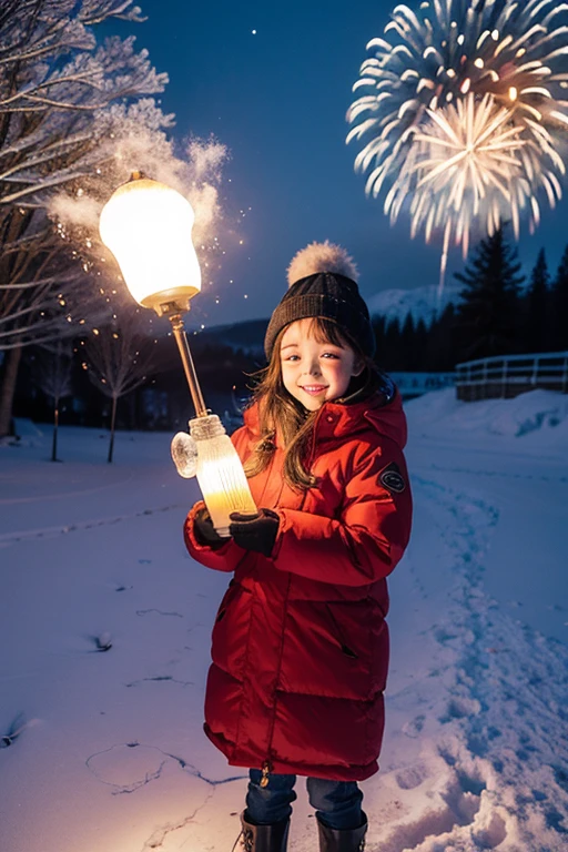 down jacket，snow landscape，beuaty girl，New Year's clothes，fire works，lamplight，family，o cachorrinho，Happiness knows no bounds