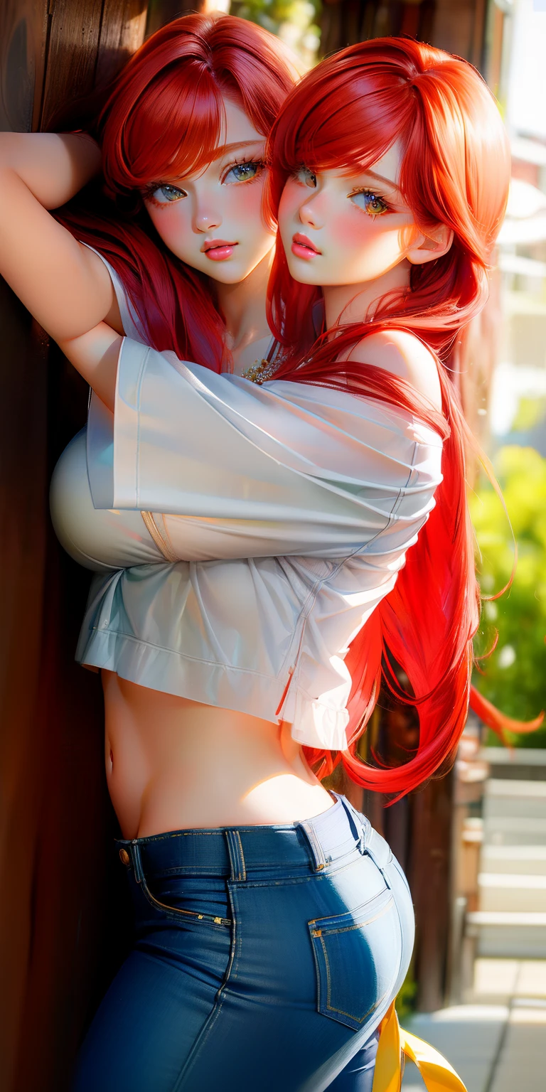 (masterpiece, best quality), best resolution, (2heads:1.5), realisticlying、女の子 1 人、Red-haired, heads side-by-side equally on chest, verd s eyes, radiant eyes, croptop, skinny pants, Parted lips, red blush, natta, florals, suns, sunlights