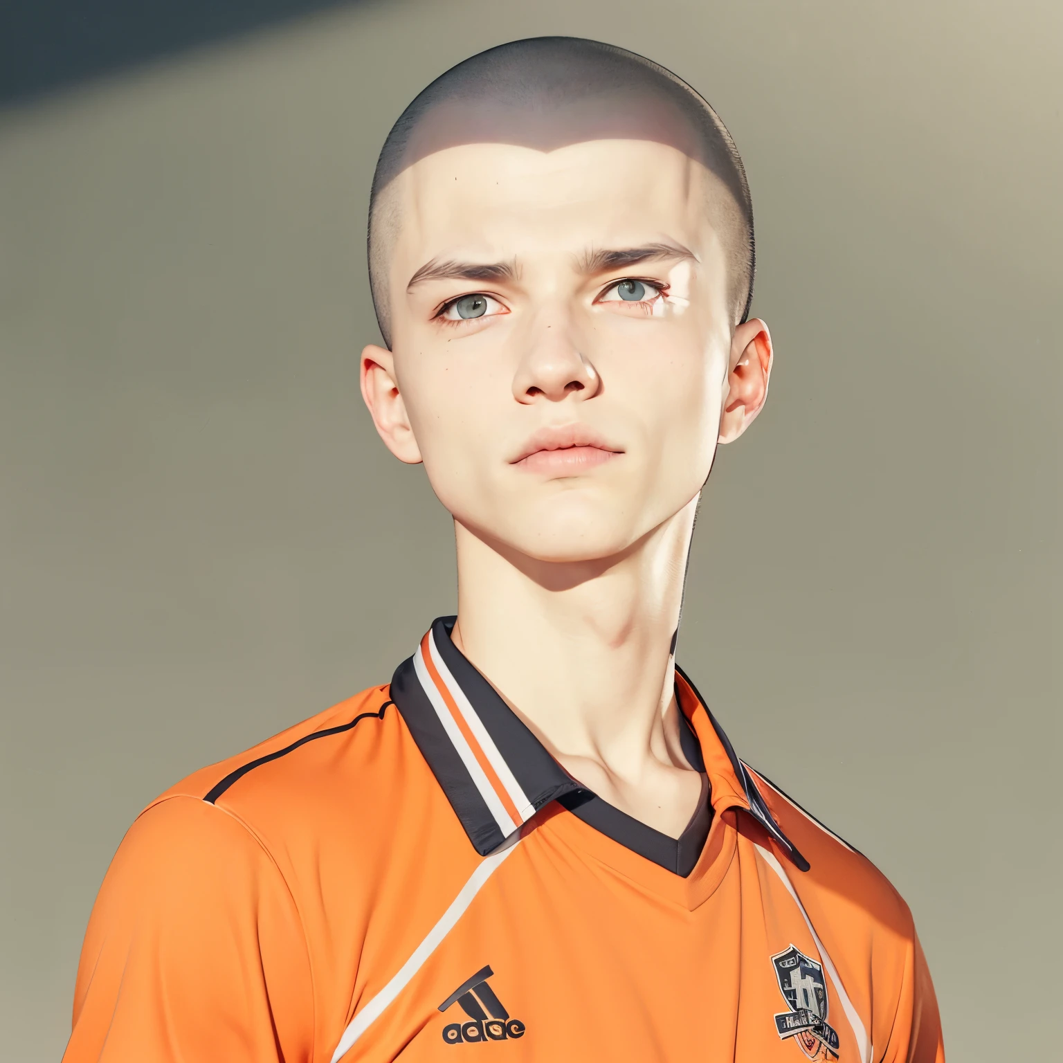 A realistic bald gray haired age boy, (same realistic hairstyle, realistic handsome+spooky face, realistic cool expression, adapt Realistic sportswear, realistic light, realistic shadows, realistic background, good image quality, very good image results, 4k, ultra detailed, realistic