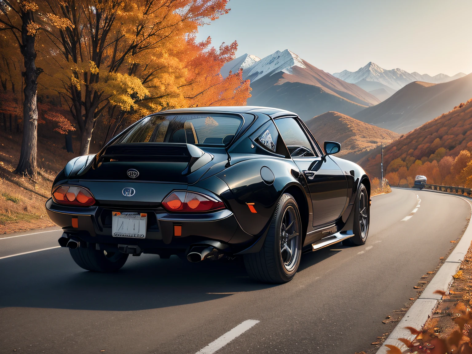 超A high resolution、An ultra-high picture quality、8K、Detailed details、marvelous expression、Late autumn valley、Beautiful autumn leaves、A black car runs gracefully on a mountain pass road、((TOYOTA 2000GT))