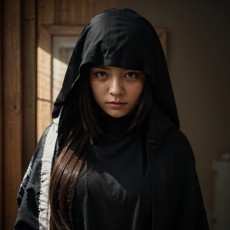 Girl, long hair, eyes covered with cloth, black clothes, crying character