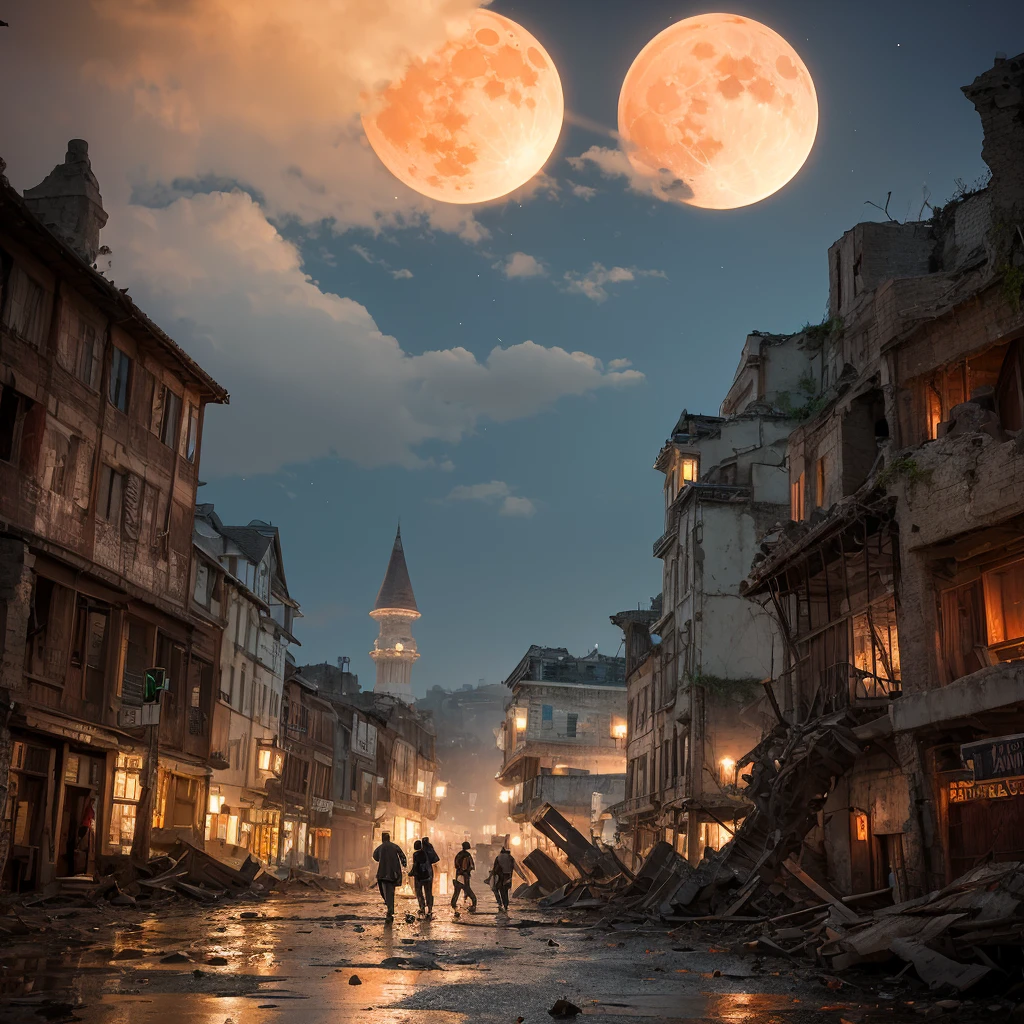 A city of ruins and demons storming around at night with red moon