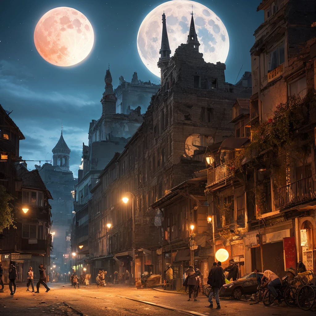 A city of ruins and demons storming around at night with red moon