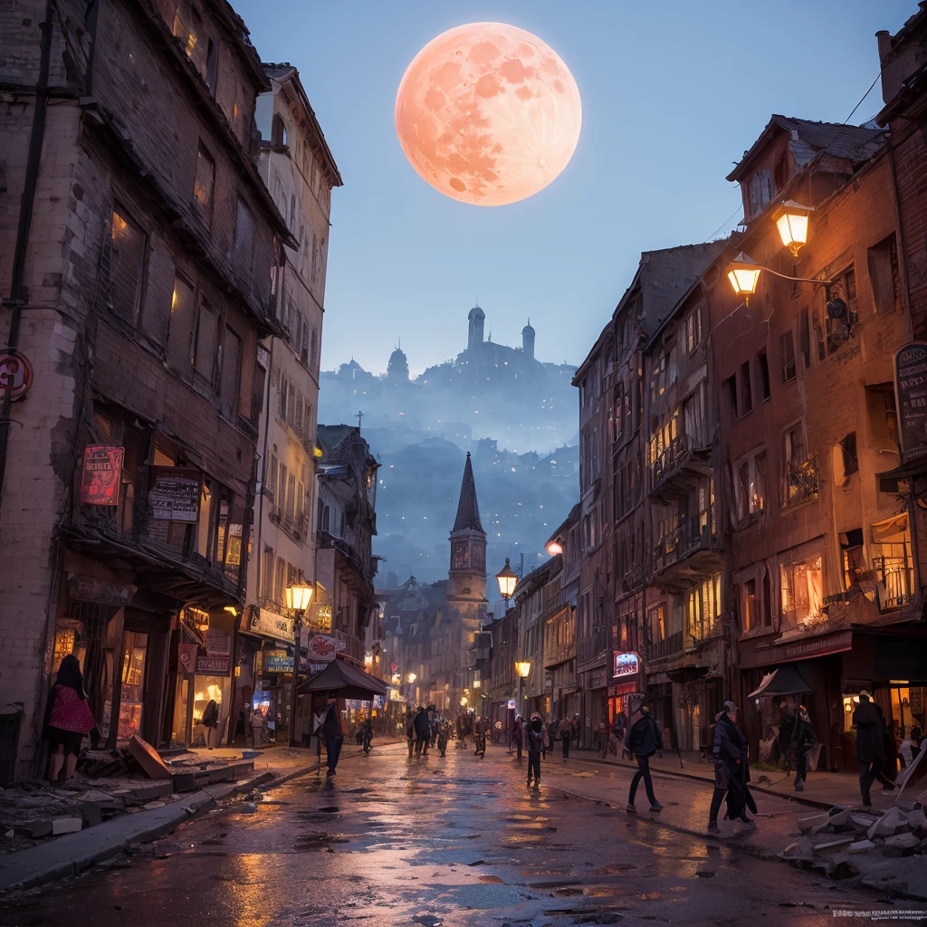 A city of ruins and demons storming around at night with red moon
