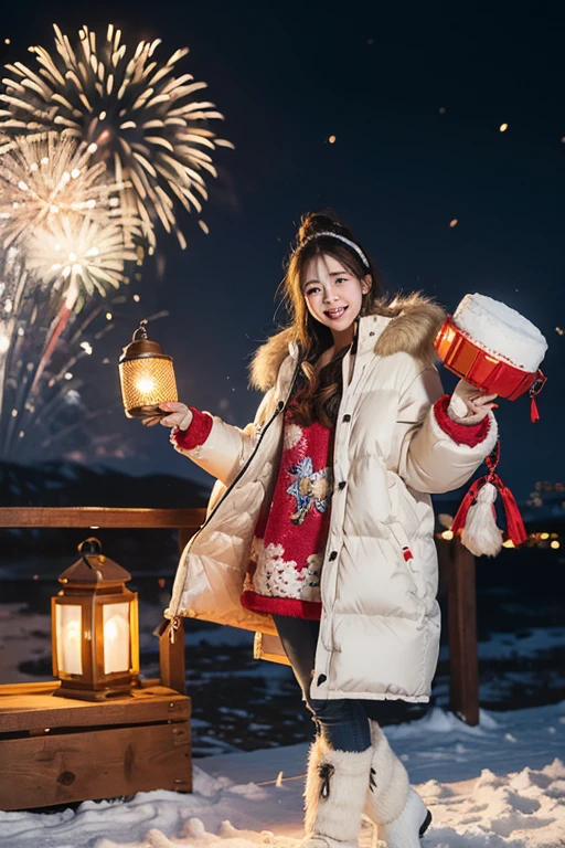 furry down jacket,Snow boots,a happy new year,girl holding lantern,fireworks lights,A lot of people,Sugar gourd,firecrackers,Flashy clothes