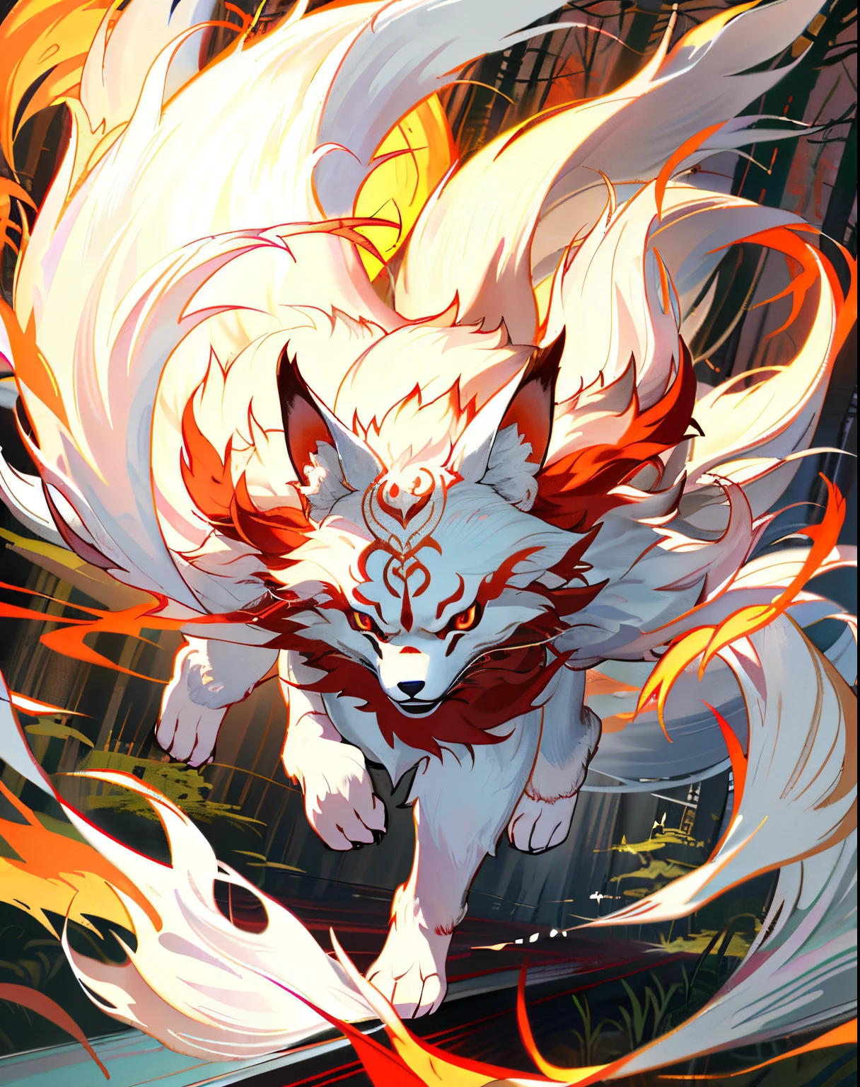 Fox、Nine Tails、Nine Tails、fluffy fur、Delicate fur、red eyes、Glaring eyes、Threatening face、Dynamism、Running through the forest、tattoo-like pattern、quadrupedal walking、Tiere、Not a person、