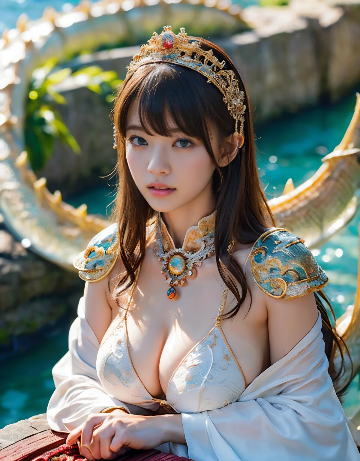 (heavy breasts)、top-quality、​masterpiece、超A high resolution、（White Ragon Armor）、(((Colossal tits))),dragon armor、(((Detailed Micro Bikini))),(Wearing a beautiful crown made of jewels),(Photorealsitic:1.4)、Raw photo、女の子1人、(((Random hair))、(((Take different poses)))、glowy skin、(((Chinese Dragon)))、Intricate and ornate hair ornaments、（Gorgeous Jewelry Necklaces）、（Mystical expression）、（Full Body Angle）、（Fight big dragons）、With a beautiful knife、（Yellow Metal Bikini）(((sea the background of))),、(falls)、Precipitous cliffs、(Background of ancient ruins)、((super realistic details))、portlate、globalillumination、（sexypose）、Shadow、octan render、、8K、ultrasharp、Colossal tits、Raw skin is exposed in cleavage、metals、Details of complex ornaments、Japan details、highly intricate detail、Realistic light、CGSoation Trends、Blue eyes、radiant eyes、Facing the camera、Toostock、（Full Body Angle）、（veils）、