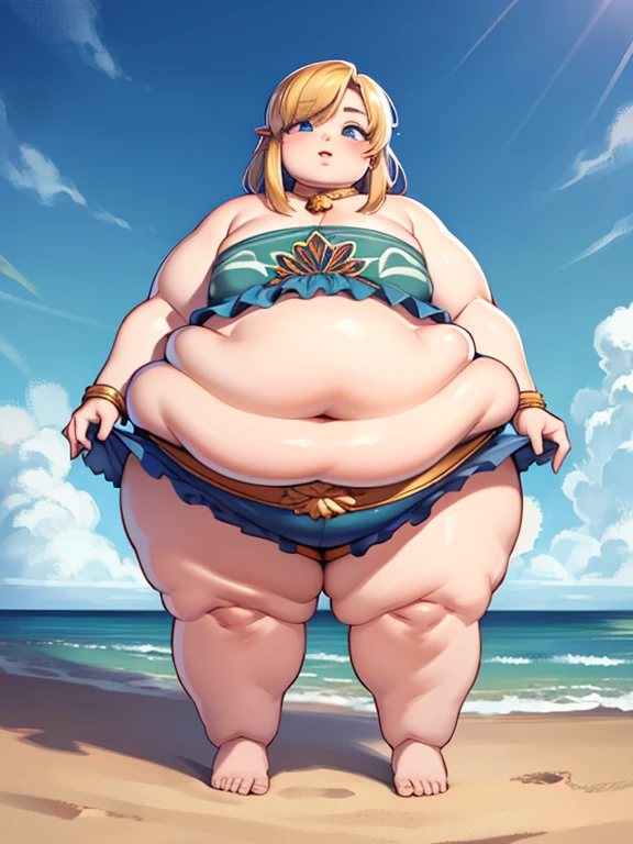 1 obese boy, 4K, masterpiece, (best quality, 4k, looking at viewer, master part: 1.3), Beautiful boy, blonde hair, attractive body: 1.2, Ultra-detailed face, Detailed lips, detailed eyes, Double eyelid, visible curves, coast, full body , 8k, Ultra-detailed 3D Reification, obese body, Realistic shadows, ultra quality, perfect body, perfect waist, delicate body, detailed breasts, specific belly,Low view angle