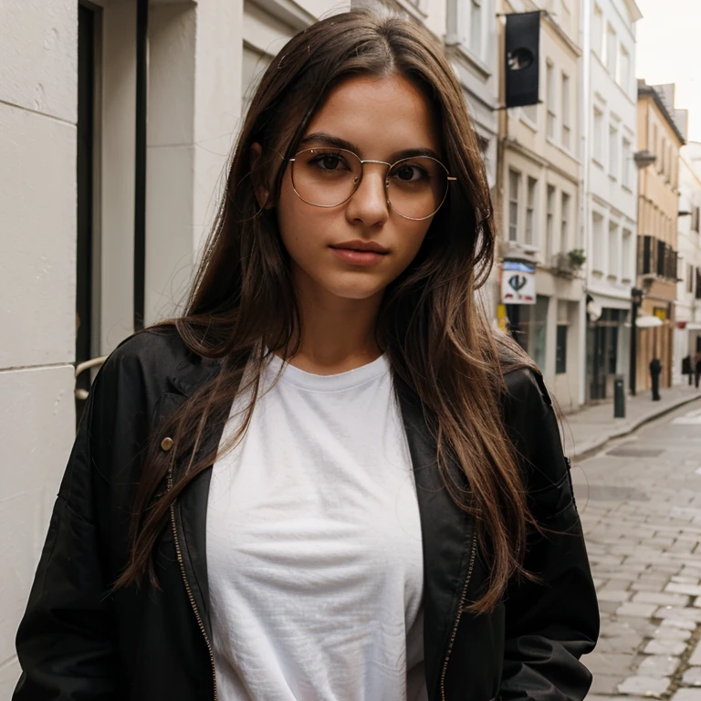 The girl, long hair, has olive skin, black jacket, white t-shirt, wears white glasses