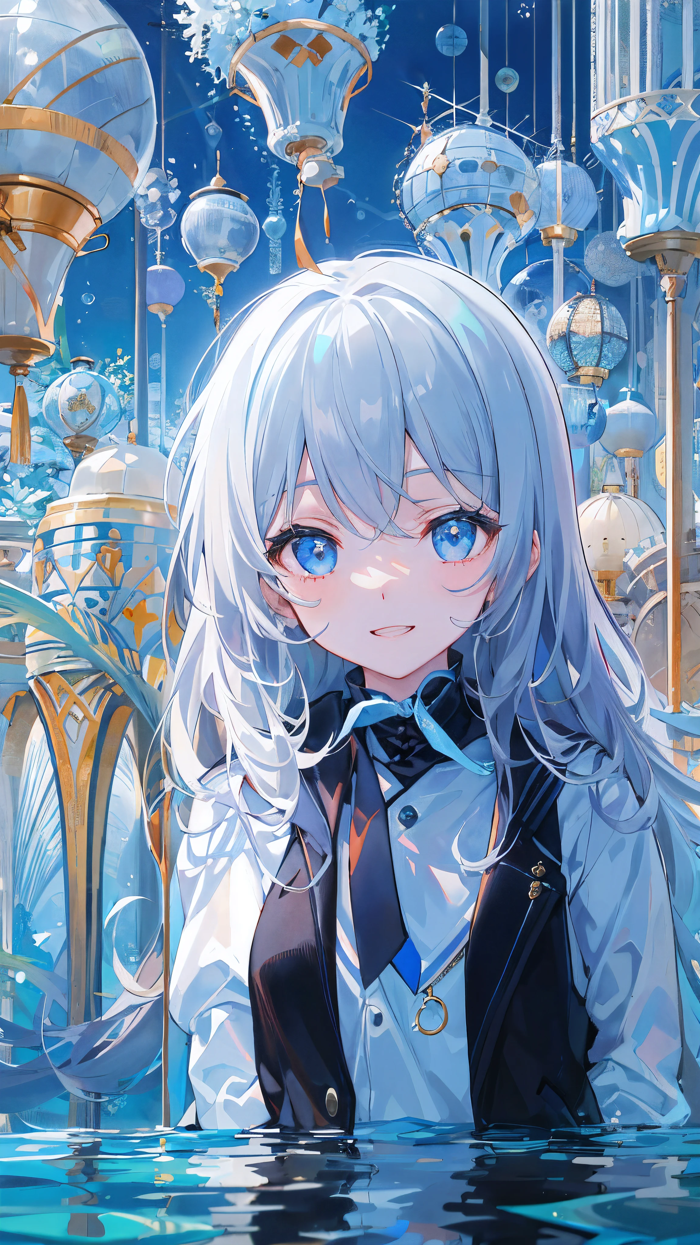 ((top-quality)), ((masterpiece)), ((ultra-detailliert)), (Extremely delicate and beautiful), girl with, 独奏, cold attitude,((Black jacket)),She is very(relax)with the(Settled down)Looks,depth of fields,Evil smile,Bubble, under the water, Air bubble,Underwater world bright light blue eyes,inner color with bright gray hair and light blue tips,,,,,,,,,,,,,,,Cold background,Bob Hair - Linear Art, shortpants、knee high socks、White uniform like school uniform、Light blue ribbon ties、Clothes are sheer、Hands in pockets、Bright eyes like sapphire,Fronllesse Blue, A small blue light was floating、fantastic eyes、selfy,Self-shot