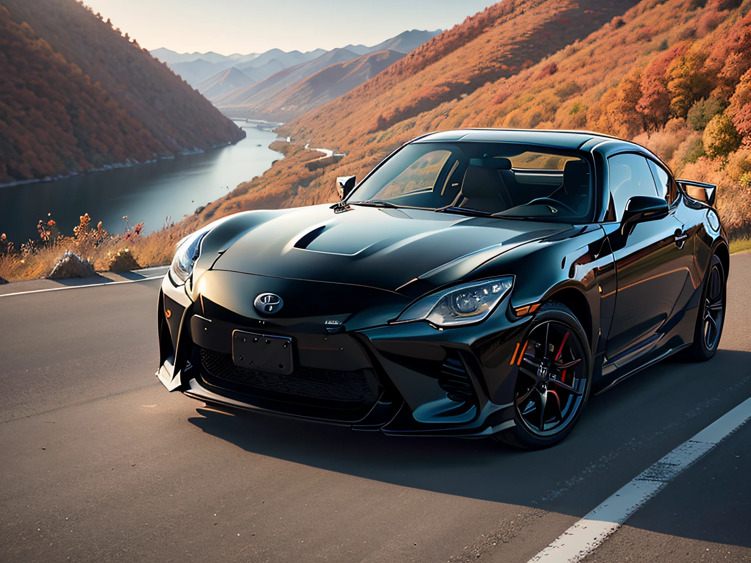 超A high resolution、An ultra-high picture quality、8K、Detailed details、marvelous expression、Late autumn valley、Beautiful autumn leaves、A black car runs gracefully on a mountain pass road、((TOYOTA 2000GT))