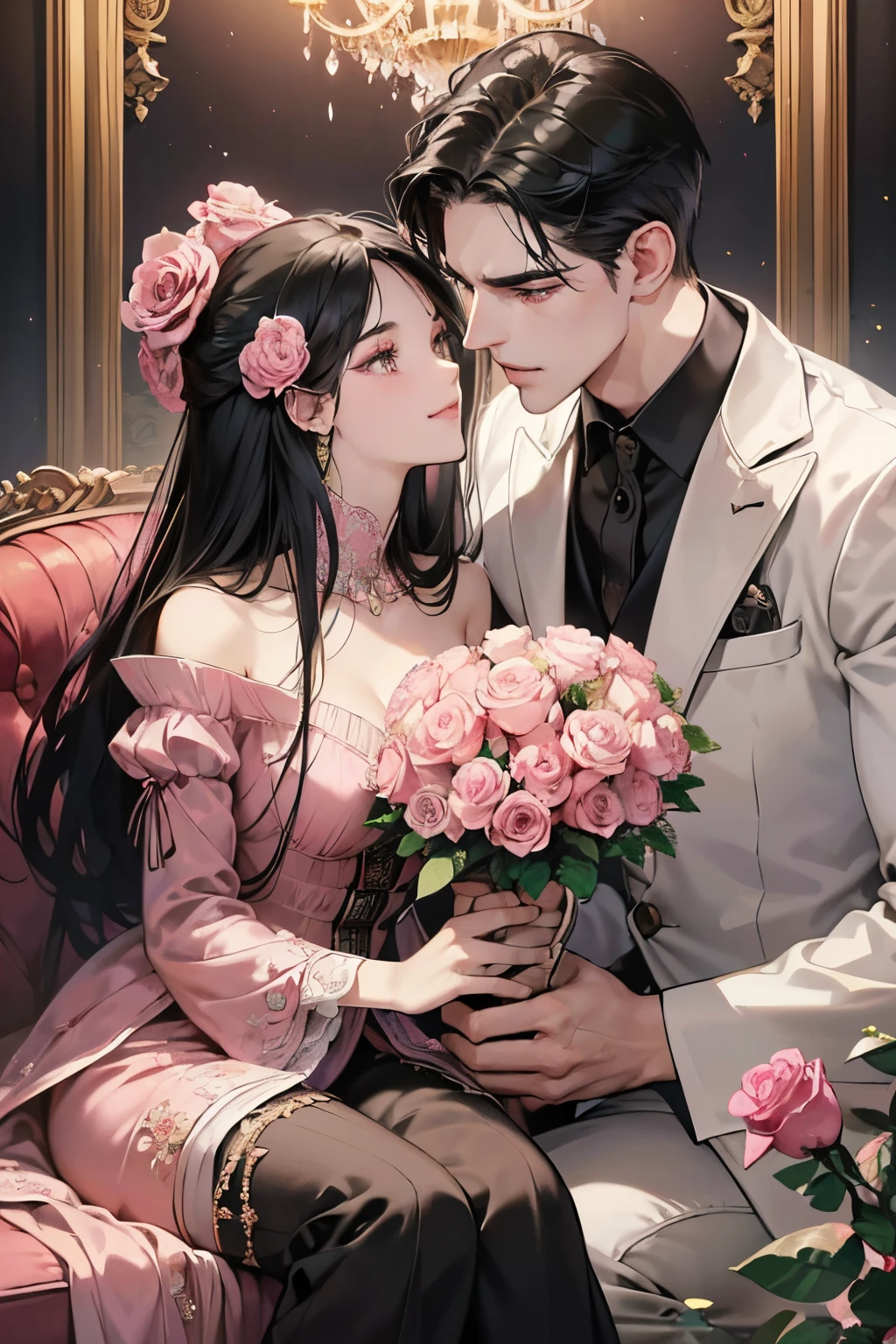 (masutepiece, Digital Art, Digital Illustration, 4K, 8K, Ultra-detailed, beautiful image, Sharp Image, Photorealistic, Raw photo, Perfect face, Perfect lines, Perfect eyes, Soft lighting) 1 woman, (Long Black Hair,straight haired,Bullish gaze,Beautie,ellegance,Mode system,Onepiece、Solid makeup,23 y-o woman,small tits:1.3),Two handsome men in suits, (ember,Men in suits,well-muscled,Firm shoulder width,Adult male,Boyish hairstyle,English gentlemanly style,Man in his 30s with a cool expression,28-year-old man with bright smile:1.2),Antique furnishings,Antique Clamps,Antique chair,chandeliers,Crystal Glass,Luxury,fantastical light,Marble fireplace,(embarrassed from,Shy smile,Bouquet of pink roses:1.2),Antique sofa,Leather sofa,Crying face,Crying in frustration,Beautiful tears、the kiss、kiss、a couple、couple kissing、Romance、