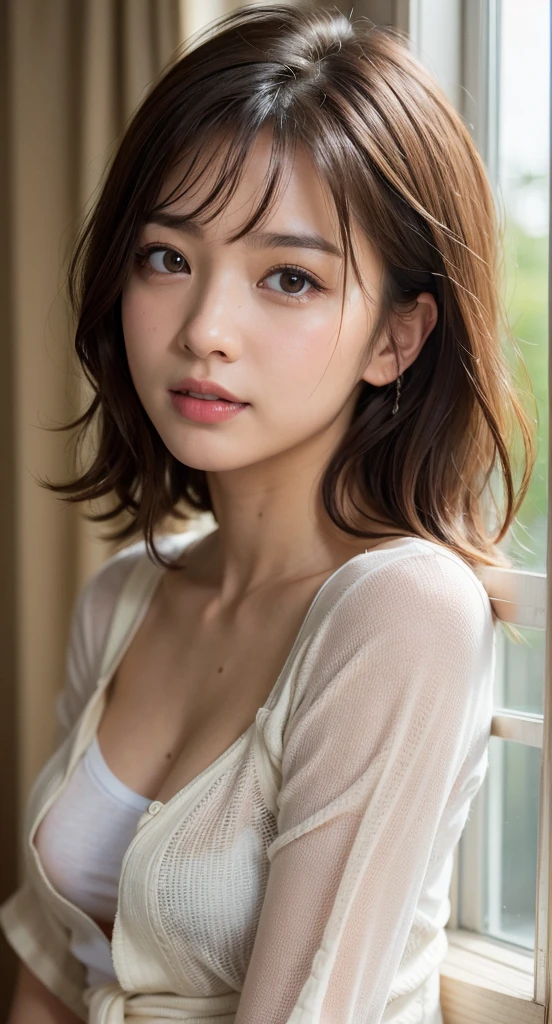 best quality, face focus, soft light, (depth of field) ,ultra high res, (photorealistic:1.4), RAW photo, (moody lighting, night:1.2), bedroom,
(upper thigh:1.4)
1japanese girl, solo, cute, kawaii, (shy, smile:1.1), (brown eyes), natural face, (short hair),
(sit on gray linen chair)
BREAK
(white naked oversize t-shirt:1.2)