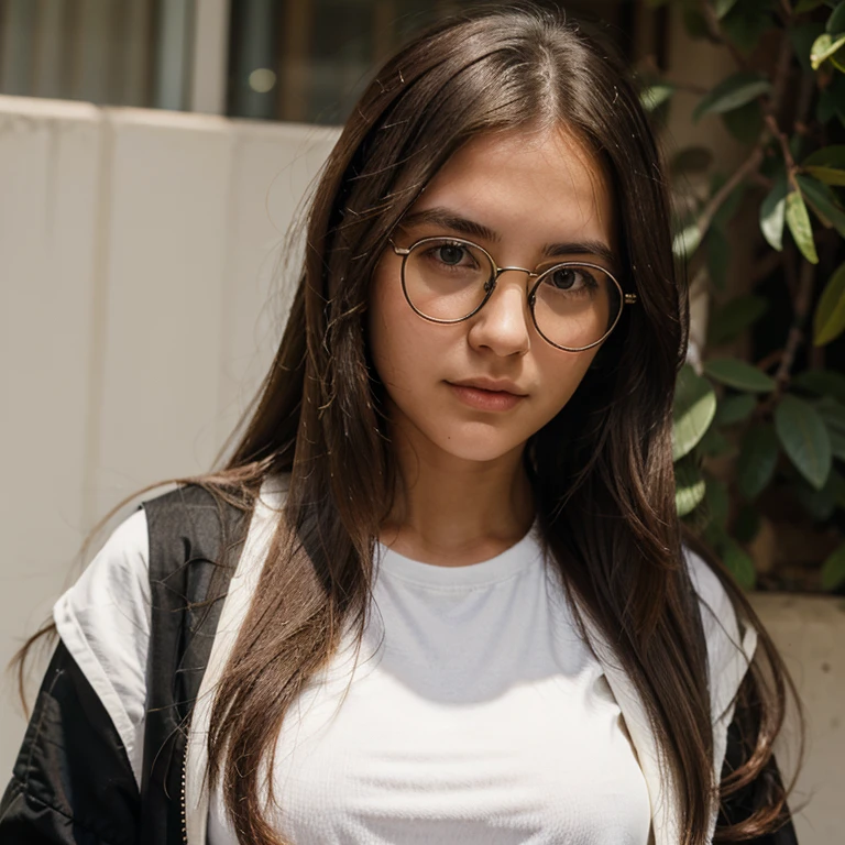 Girl, long hair, olive skin color, white t-shirt, black jacket, oval face, round eyes, white glasses, reading pose
