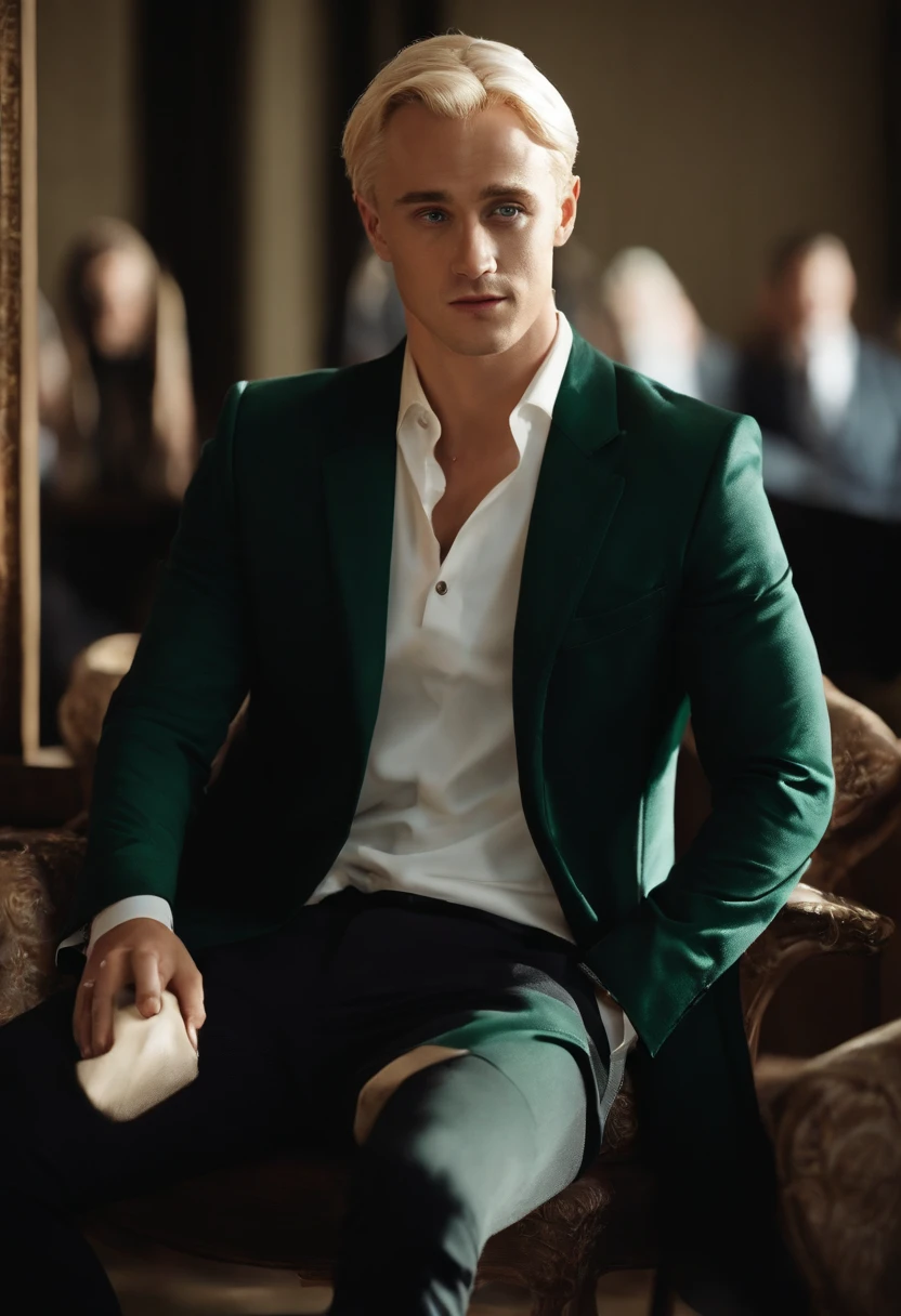 A photo of Draco Malfoy sitting in a luxurious private box at a high-profile polo match, looking disdainfully at the players on the field.,Harry Potter series,Draco is tall with neat platinum blonde hair, icy blue eyes, wears Slytherin Hogwarts robes, famously portrayed by Tom Felton, male