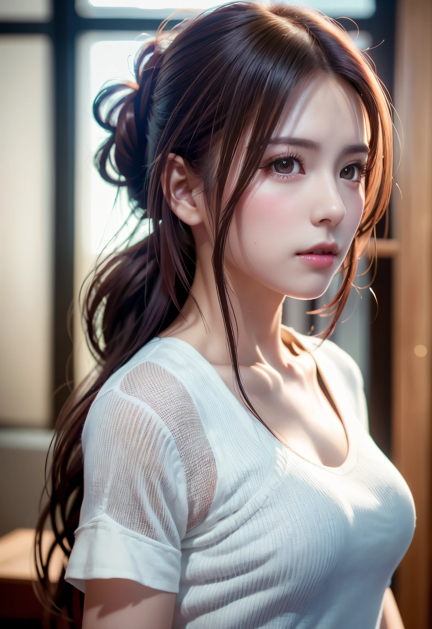 8K, of the highest quality, masutepiece:1.2), (Realistic, Photorealsitic:1.37), of the highest quality, masutepiece, Beautiful young woman, Pensive expression, Sweet look, Sexy white shirt、Hair tied back, Messy mood, Cinematic background, Tired, Light skin tone