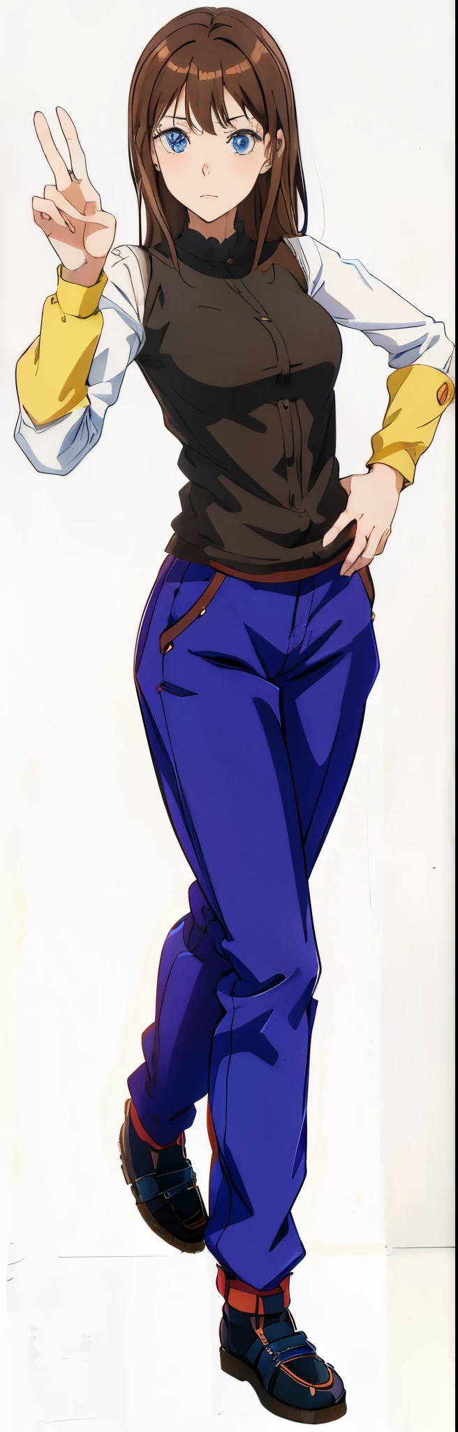 anime girl with brown hair and blue pants posing for a picture, !!full body portrait!!, tall anime guy with blue eyes, full body close-up shot, kentaro miura style, full body portrait of a short!, miura kentaro style, fullbody portrait, anime full body illustration, zoomed out full body, kentaro miura manga style