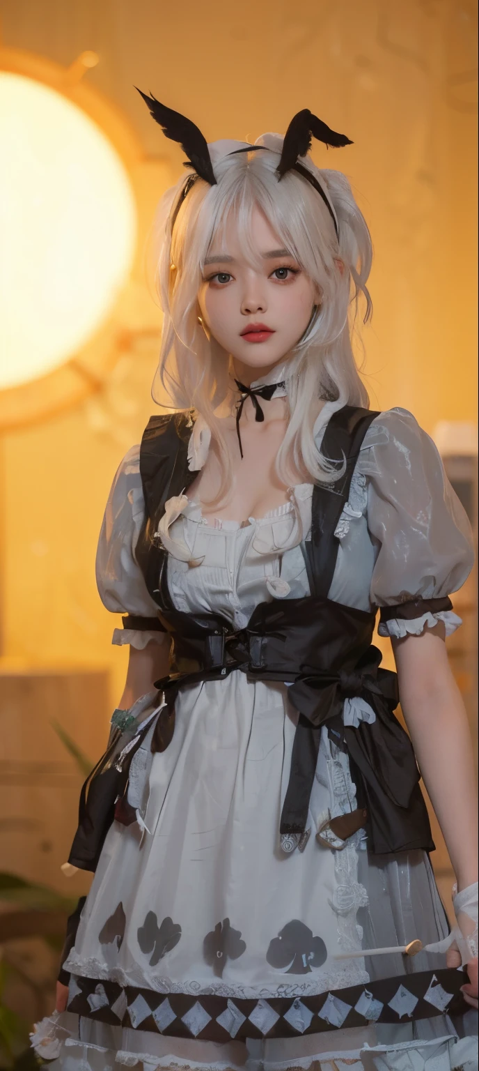 (upper bod)、((1girl in))、(in her 20s)、((Long))、((Pattsun bangs))、((white  hair))、(looking at view)、((Black Maid Outfit))、(Photoreal Stick:1.2)、in 8K、(High quality shadows)、Detail Beautiful delicate face、Detail Beautiful delicate eyes、Cute K-pop Idol、(Korean Urzan Face)、(ulzzang -6500-v1.1:0.6)、gloweyes、perfectbody、Natural color reproduction、Bright red lipstick、(a choker)、((Brown eyes))、Shiny hair、Description beautiful delicate hair、(Lustrous skin)、Beautiful stained glass、电影灯光、