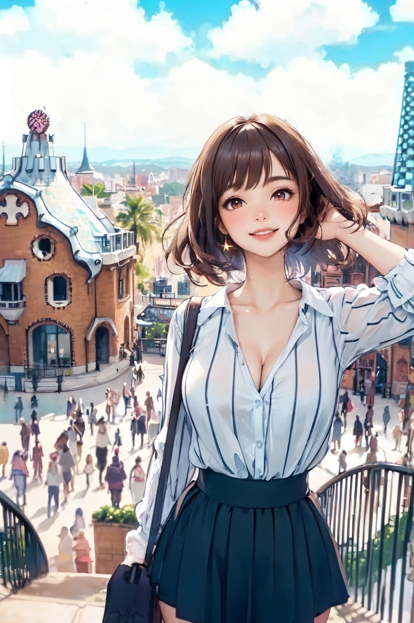 1lady solo, /(stylish outfit/), /(brown hair/) bangs, blush kind smile, (eyes sparkling with excitement), (masterpiece best quality:1.2) delicate illustration ultra-detailed, large breasts BREAK (theme park:1.1) outdoors, Gaudi-esque structures