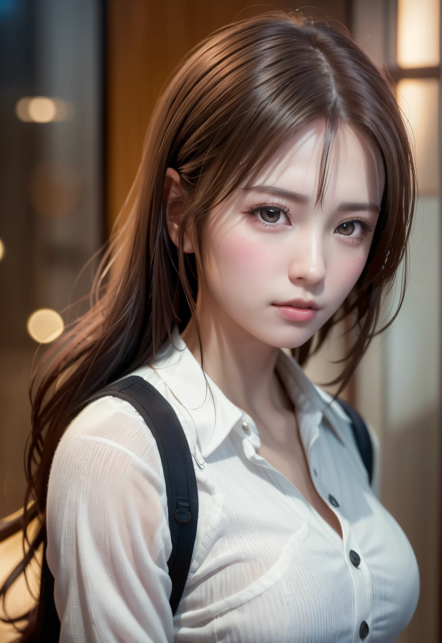 8K, of the highest quality, masutepiece:1.2), (Realistic, Photorealsitic:1.37), of the highest quality, masutepiece, Beautiful young woman, Pensive expression, Sweet look, Sexy white shirt、Hair tied back, Messy mood, Cinematic background, Tired, Light skin tone