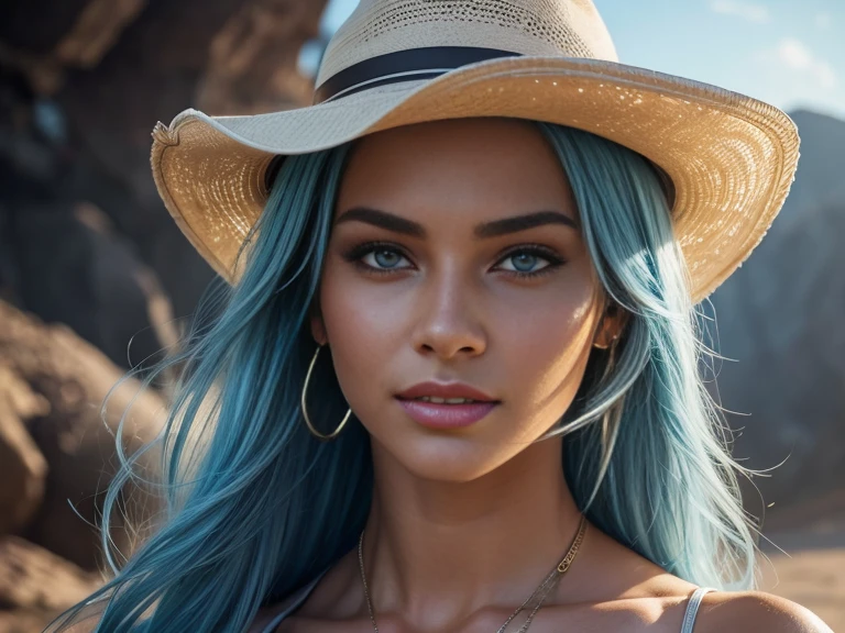 Cowboy Woman, Realistic skin,full - body, Smooth soft skin, Symmetrical facial, soft-lighting,highly detail face, Concept art, Digital Painting, ethereal, Epic, 128 K...., intricate details, sharp-focus, Trending on ArtStation, realistic sexy eyes, Blue hair, twitter #NFSW, Smile, playboy cover, I'I'I'I'm going to the camera, muscular, hyper realisitc, Photos of the top model