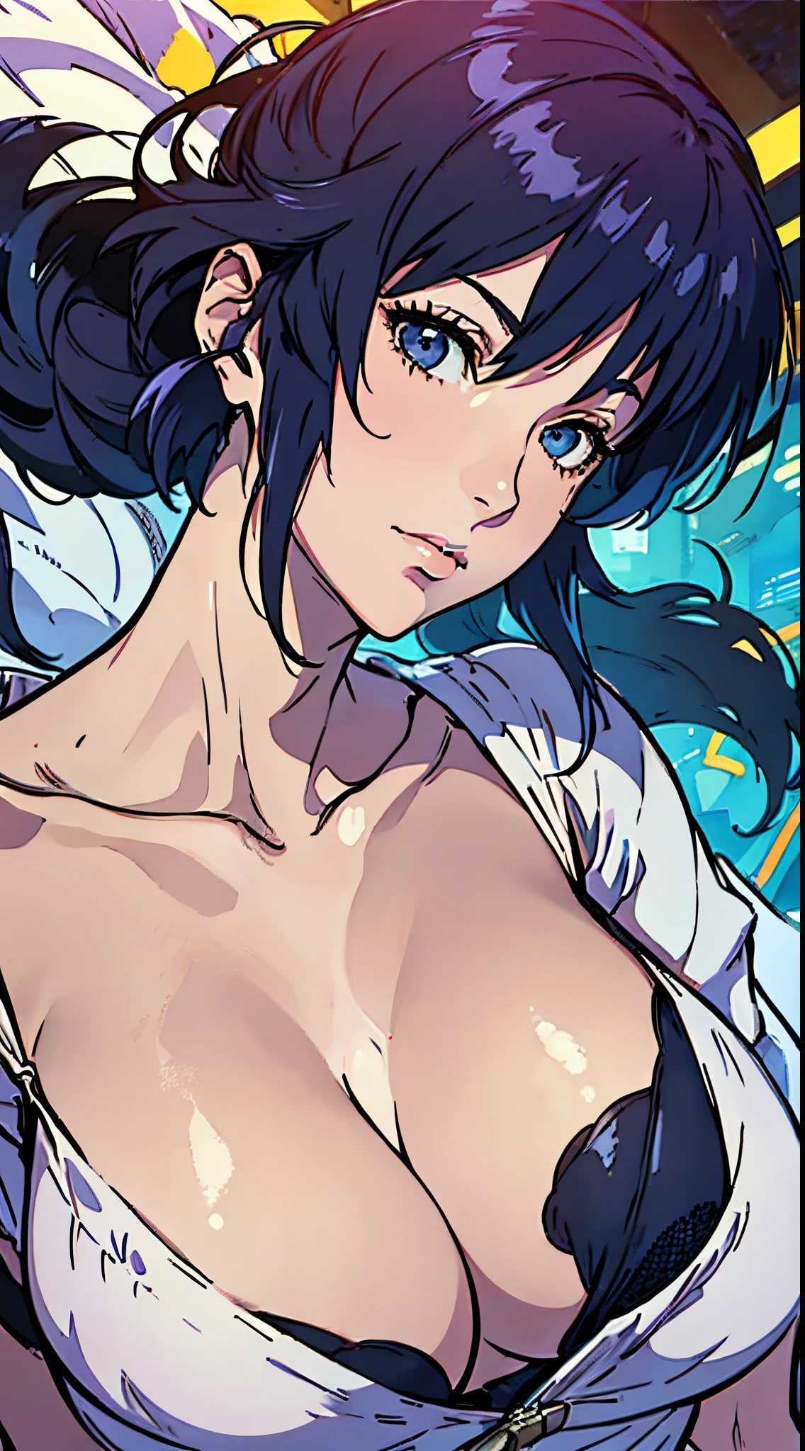 Close-up of woman lying on bed covered with blanket, anime《Fantasma na Concha》Curly, kusanagi motoko, kusanagi, Blow blow, Ghost in the Shell movie scene, levi black lagoon, Ghost in the Shell style, bared chest, Fantasma na Concha, Inspired by Morikage Hisumi,Alone, 1 busty girl, Highest resolution,distinct_Image of a)Best quality, maam, tmasterpiece, The is very detailed, Semi-realistic, exposing her breasts,