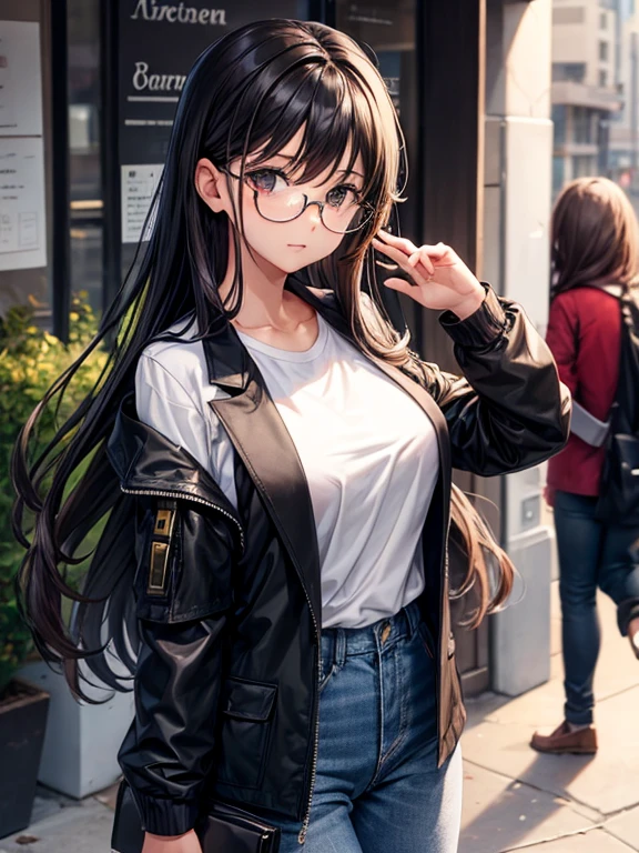 Girl, long hair, olive skin, glasses, black jacket, white t-shirt