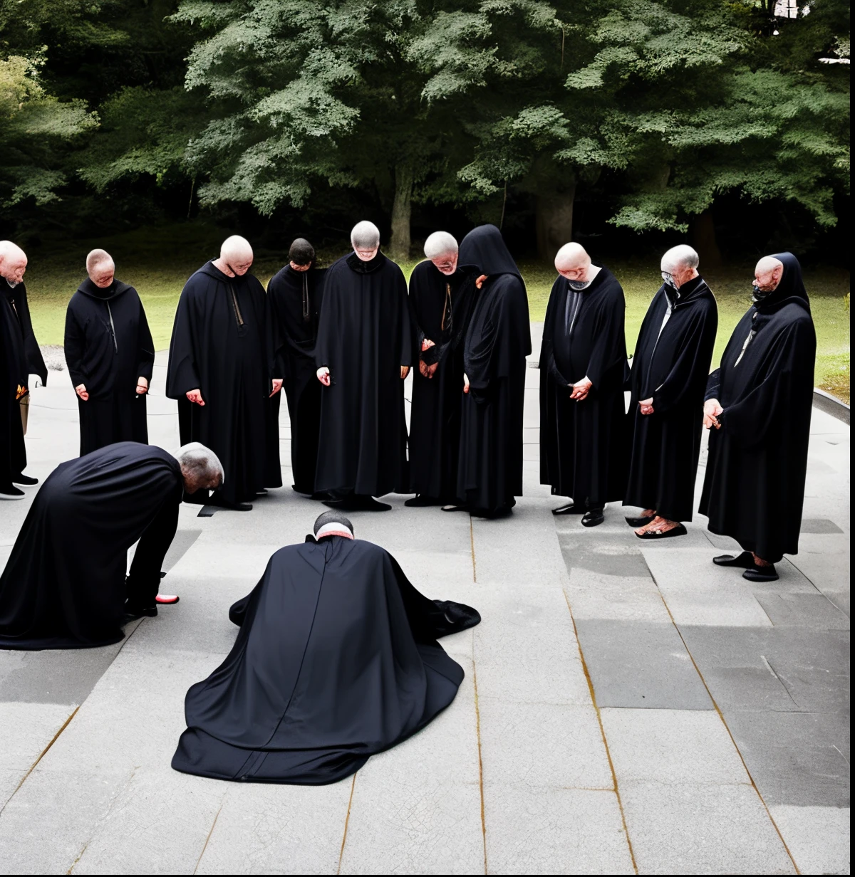 A group of people bowing before a black-robed man