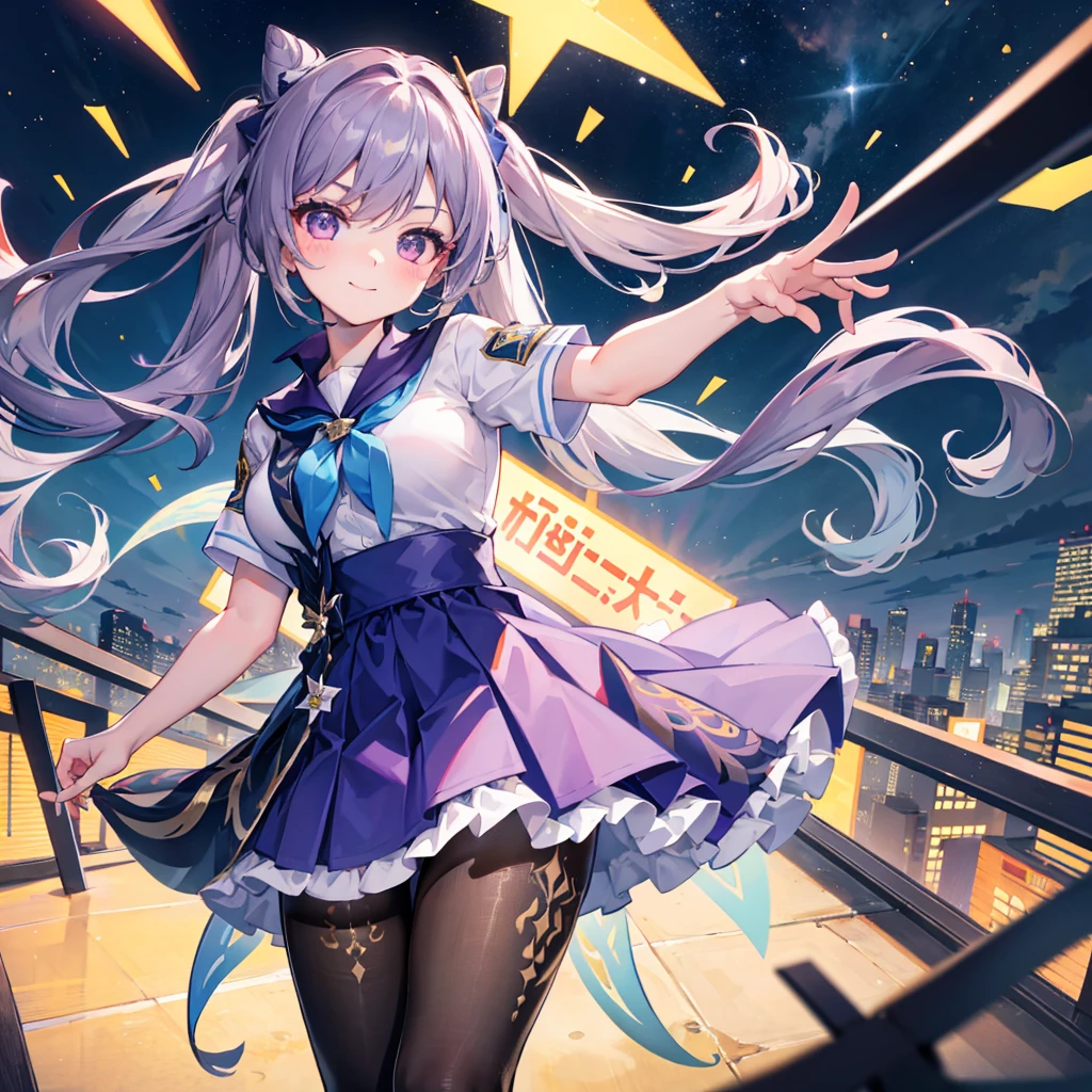 A cute girl, full body, in a school uniform, with a city background. The background is simple, with the girl facing the audience with a smile. Her face is adorable in 8K resolution, resembling a masterpiece. The lighting in the scene is captured through ray tracing, enhancing the beautiful details. Her eyes twinkle with affection, looking directly at you.