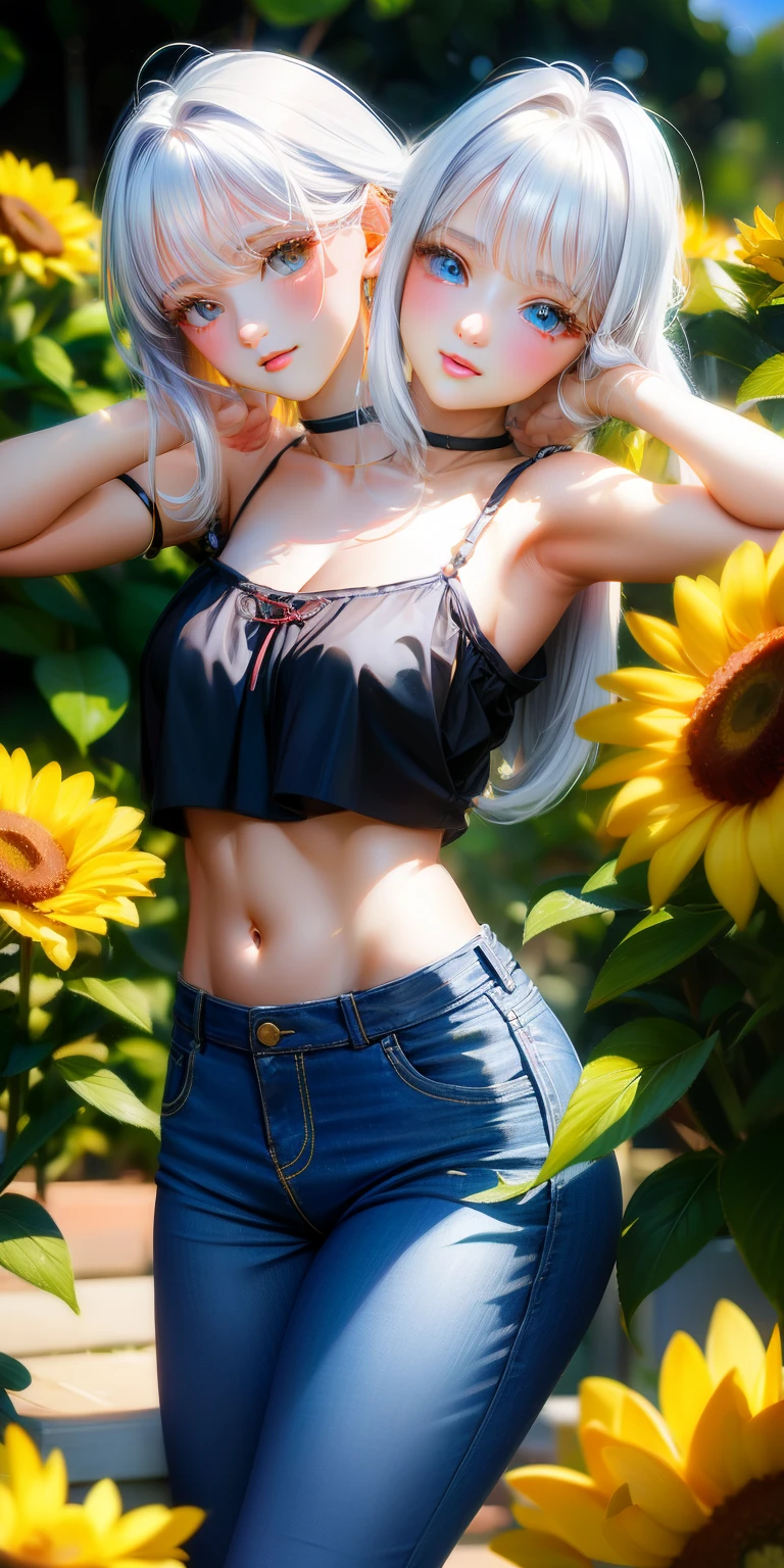 (masterpiece, best quality), best resolution, (2heads:1.5), realisticlying、女の子 1 人、One head White-haired, Other head Black-haired, heads side-by-side equally on chest, verd s eyes, radiant eyes, croptop, skinny pants, Parted lips, red blush, natta, florals, suns, sunlights