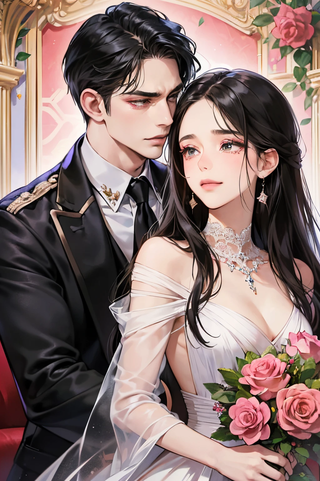 (masutepiece, Digital Art, Digital Illustration, 4K, 8K, Ultra-detailed, beautiful image, Sharp Image, Photorealistic, Raw photo, Perfect face, Perfect lines, Perfect eyes, Soft lighting) 1 woman, (Long Black Hair,straight haired,Bullish gaze,Beautie,ellegance,Mode system,Onepiece、Solid makeup,23 y-o woman,small tits:1.3),Two handsome men in suits, (ember,Men in suits,well-muscled,Firm shoulder width,Adult male,Boyish hairstyle,English gentlemanly style,Man in his 30s with a cool expression,28-year-old man with bright smile:1.2),Antique furnishings,Antique Clamps,Antique chair,chandeliers,Crystal Glass,Luxury,fantastical light,Marble fireplace,(embarrassed from,Shy smile,Bouquet of pink roses:1.2),Antique sofa,Leather sofa,Crying face,Crying in frustration,Beautiful tears、the kiss、kiss、a couple、couple kissing、Romance、