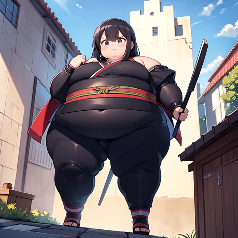 (masterpiece), 4K, high-level image quality、obese wearing ninja clothes、Kunoichi、flat chest、A slender、Tense face、On the roof