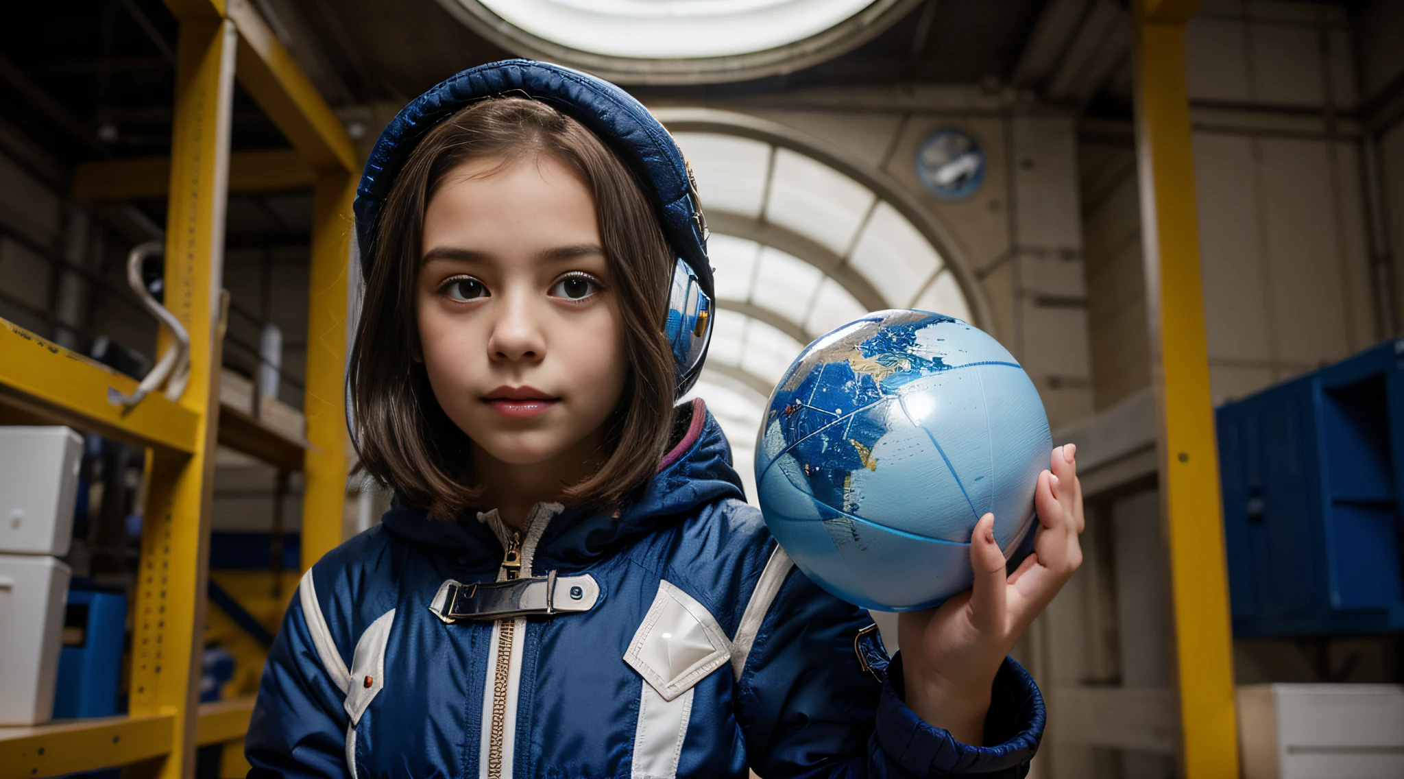 there is a young girl holding a blue ball in her hand, vestindo jaqueta azul, vestindo uma jaqueta azul, segurando uma bola, foto comercial do brinquedo, vestidos de estrelas e planetas, com cabelo azul, Jaqueta azul, usando um capuz azul, girl in space, littlemagical powers, girl looks at the space, menina jovem boni