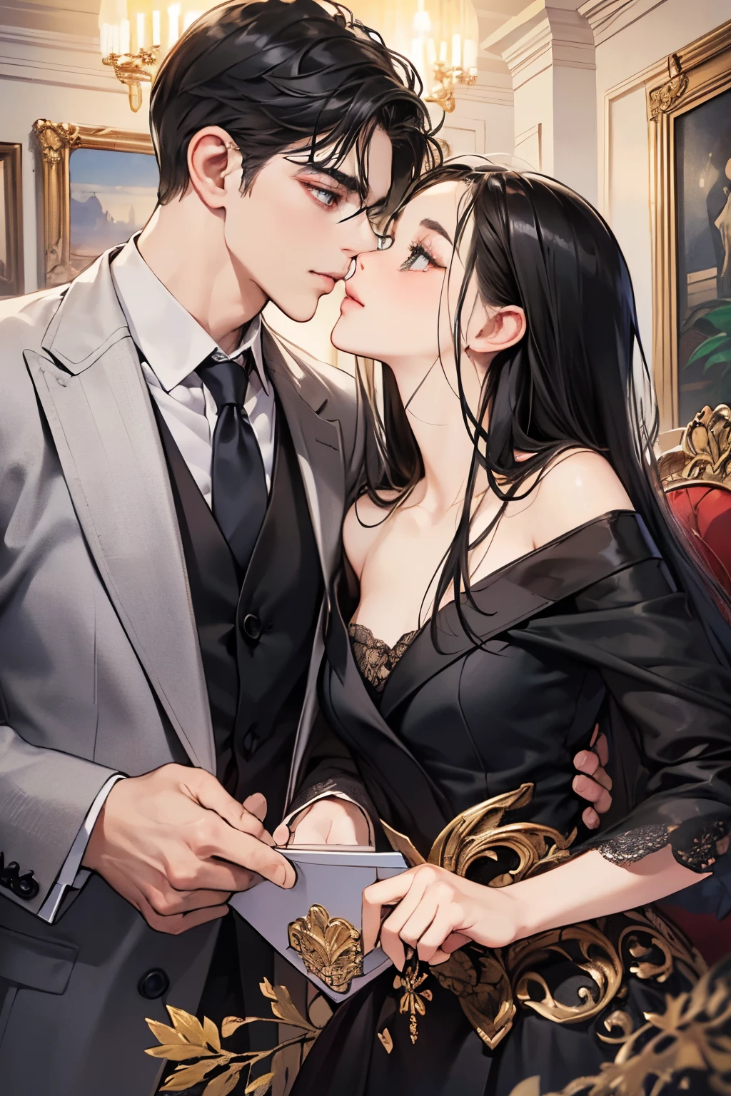 (masutepiece, Digital Art, Digital Illustration, 4K, 8K, Ultra-detailed, beautiful image, Sharp Image, Photorealistic, Raw photo, Perfect face, Perfect lines, Perfect eyes, Soft lighting) 1 woman, (Long Black Hair,straight haired,Bullish gaze,Beautie,Woman in suit,Solid makeup,23 y-o woman,small tits:1.3),Secretary, Two handsome men in suits, (ember,Men in suits,well-muscled,Firm shoulder width,Adult male,Boyish hairstyle,English gentlemanly style,Man in his 30s with a cool expression,28-year-old man with bright smile:1.2),Office scene at night,Antique furnishings,Antique Clamps,Antique chair,chandeliers,Parti、a couple、couple kissing、kiss、the kiss、Romance、