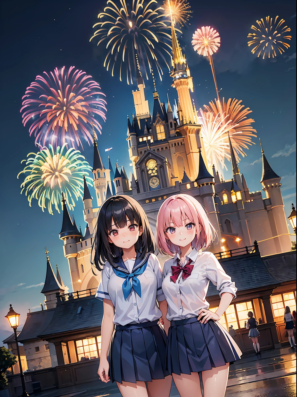 (RAW Photos, Best Quality), (animesque: 1.2), (Theme park scenery), two womens, (17 age, School Uniforms, short blue pleated skirt,) Photographed in front of the castle, Bursting smile, Night, Big Fireworks, Professional Lighting, Photon mapping, Physically Based Rendering,