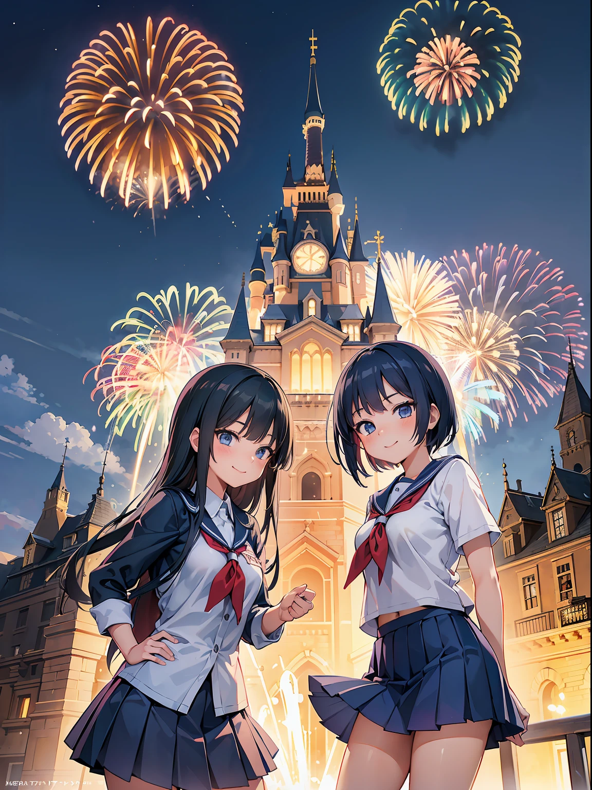 (RAW Photos, Best Quality), (animesque: 1.2), (Theme park scenery), two womens, (, School Uniforms, short blue pleated skirt,) Photographed in front of the castle, Bursting smile, Night, Big  Fireworks, Professional Lighting, Photon mapping, Physically Based Rendering,