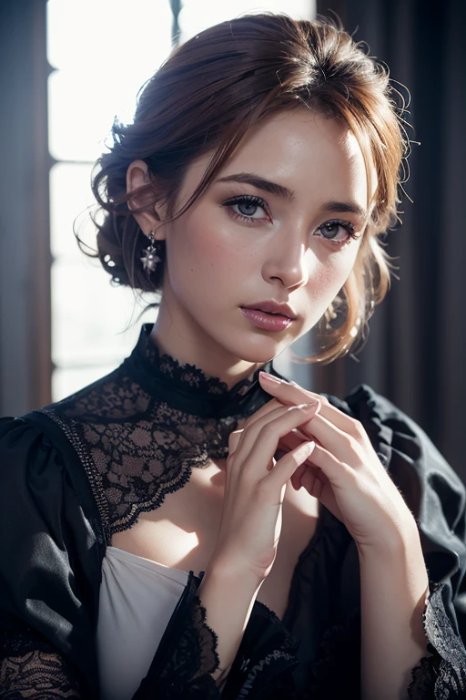(realistic:1.3), finely detailed, quality, rembrandt lighting, (maserpiece:1.2), (photorealistic:1.2), (best quality), (detailed skin:1.3), (intricate details), dramatic, ray tracing, 1girl, italian girl, smiling, brunette, detailed skin texture, (blush:0.2), (goosebumps:0.3), subsurface scattering, updo hair, parted bangs, wearing edgEV_vintage dress, edgev, lace dress, lace fabric, long sleeves, ribbons, (venice, strolling, park,, marble sculptures, late afternoon), <lora:edgEuropean_Vintage:0.8>,