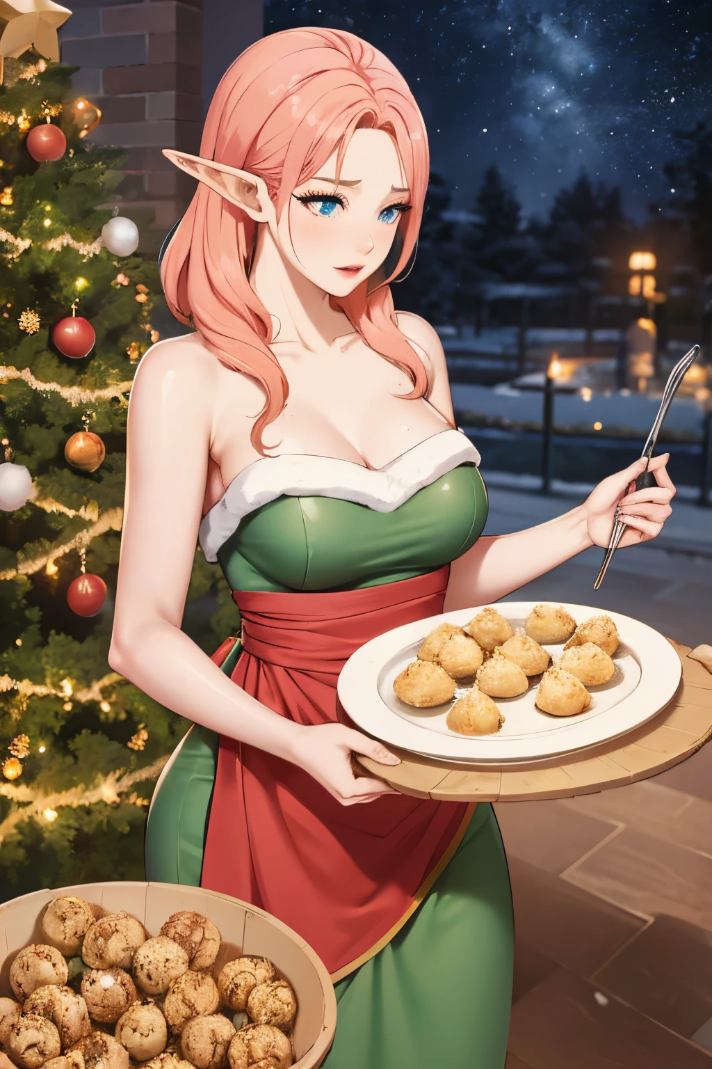 beautiful elf woman, Holly Sprinkletoes, detailed eyes and face, long eyelashes, pink cheeks, pointy ears, curly golden hair, graceful posture, wearing a festive green dress, holding a tray of burnt cookies, surrounded by flour and baking tools, in the lively kitchen of Miss Claus at the North Pole, with snow falling outside, a warm fireplace, vibrant colors, magical lighting, fantasy art, Akira Toriyama style, high resolution, photorealistic, with bokeh, capturing the essence of the holiday spirit.