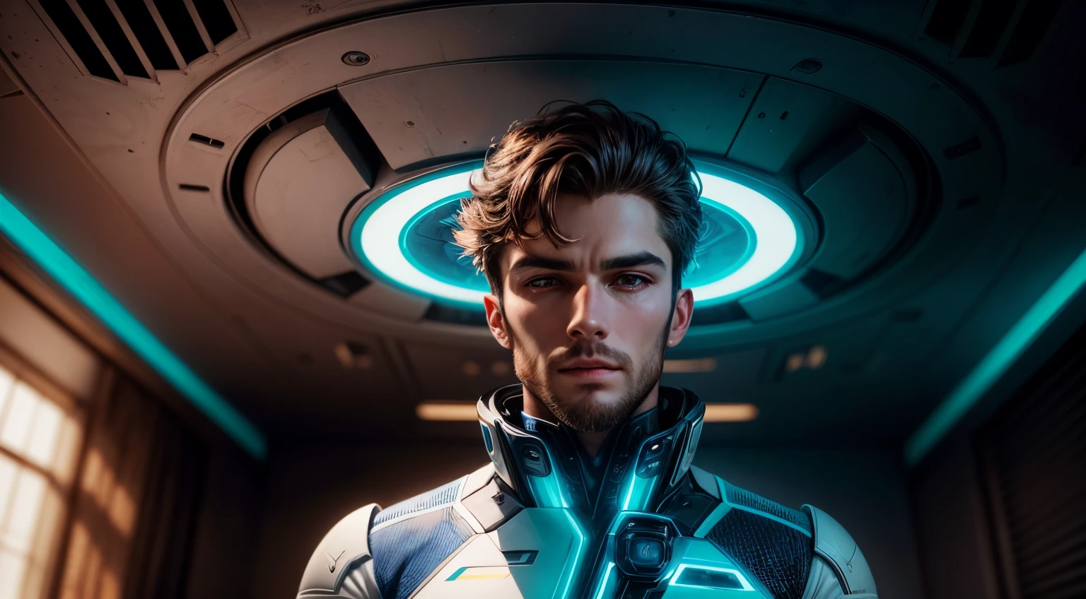 a very handsome man dressed in a super technological futuristic uniform opening his eyes, Ultra Detailed, master piece, realistic