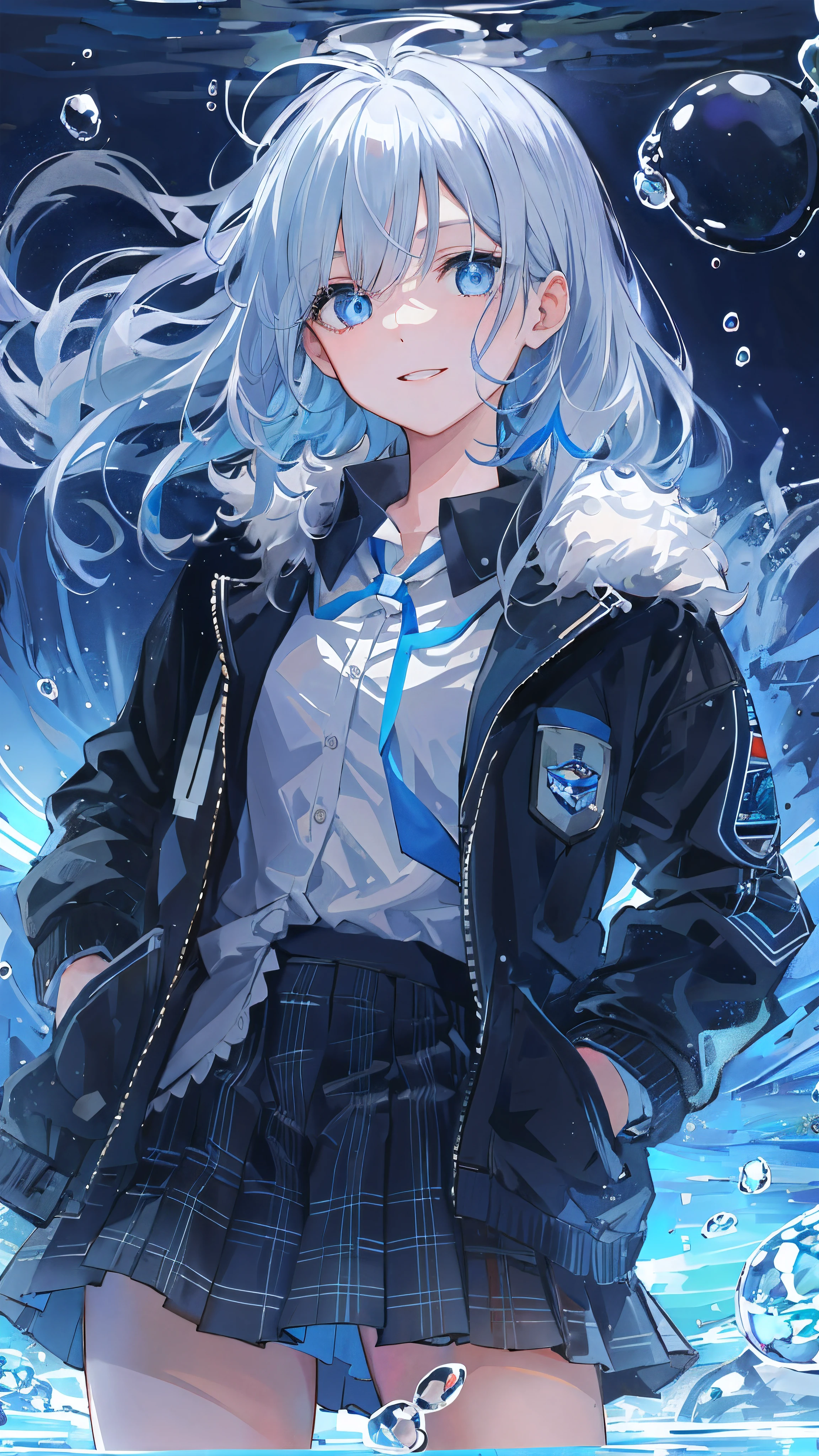 ((top-quality)), ((masterpiece)), ((ultra-detailliert)), (Extremely delicate and beautiful), girl with, 独奏, cold attitude,((Black jacket)),She is very(relax)with the(Settled down)Looks,depth of fields,Evil smile,Bubble, under the water, Air bubble,Underwater world bright light blue eyes,inner color with bright gray hair and light blue tips,,,,,,,,,,,,,,,,Cold background,Bob Hair - Linear Art, shortpants、knee high socks、White uniform like school uniform、Light blue ribbon ties、Clothes are sheer、Hands in pockets、Bright eyes like sapphire,Fronllesse Blue, A small blue light was floating、fantastic eyes、selfy,Self-shot