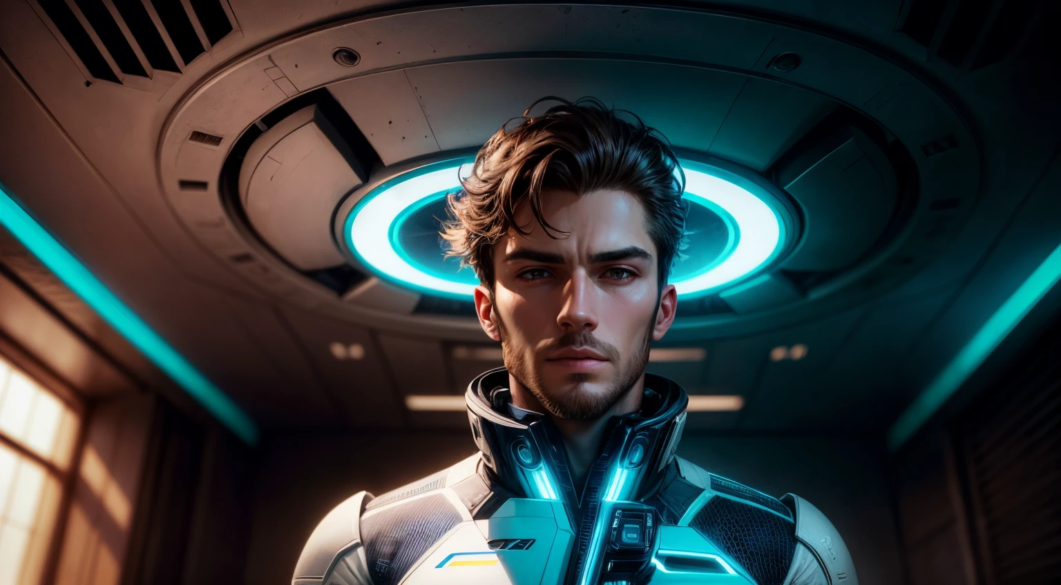 a very handsome man dressed in a super technological futuristic uniform opening his eyes, Ultra Detailed, master piece, realistic