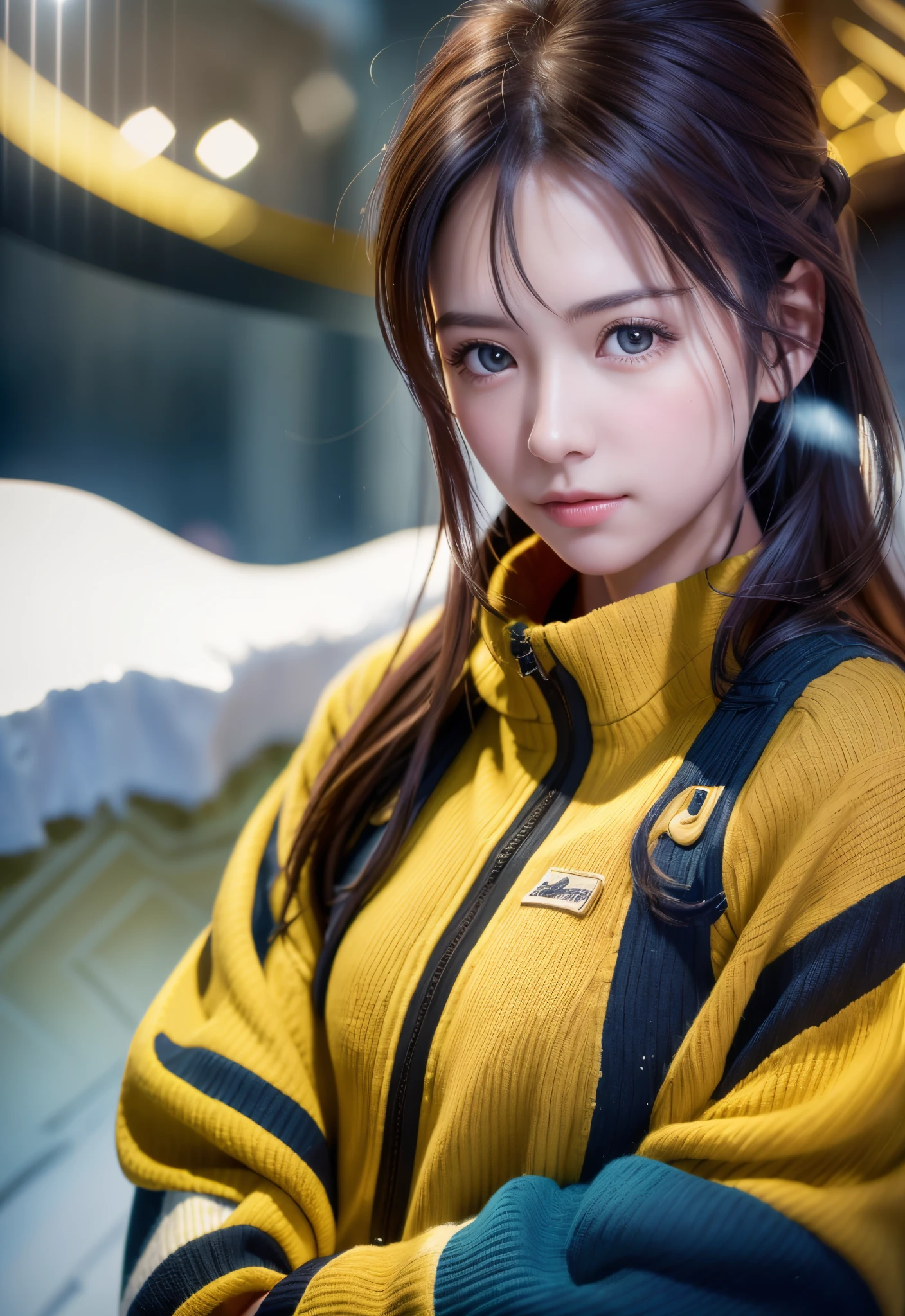 8K, of the highest quality, masutepiece:1.2), (Realistic, Photorealsitic:1.37), of the highest quality, masutepiece, Beautiful young woman, Pensive expression,、A charming、and an inviting look, skiing、snowboarder、Ski Wear, Hair tied back, Cinematic background, Light skin tone、Ski Resort Background