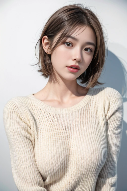 1girl in,Sweaters,White background,Lifelike face、short-hair、Realistic hair quality、brawn hair、detaileds、masuter piece、