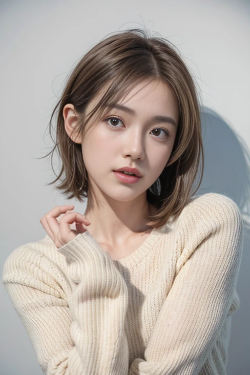 1girl in,Sweaters,White background,Lifelike face、short-hair、Realistic hair quality、brawn hair、detaileds、masuter piece、