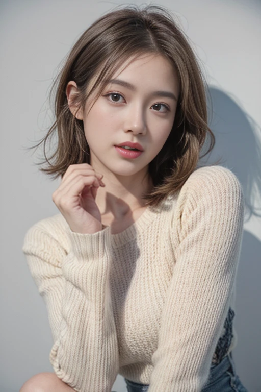1girl in,Sweaters,White background,Lifelike face、short-hair、Realistic hair quality、brawn hair、detaileds、masuter piece、